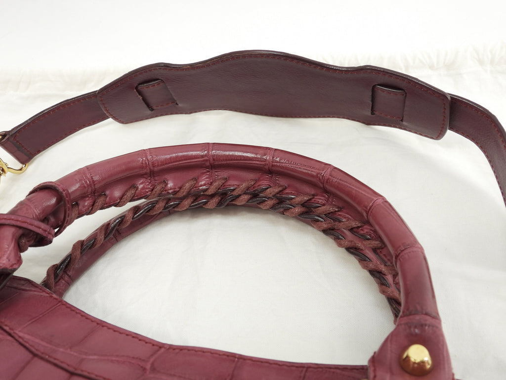 Balenciaga The First, borsa a mano in pelle di coccodrillo bordeaux, con tracolla, condizioni eccellenti@ 1