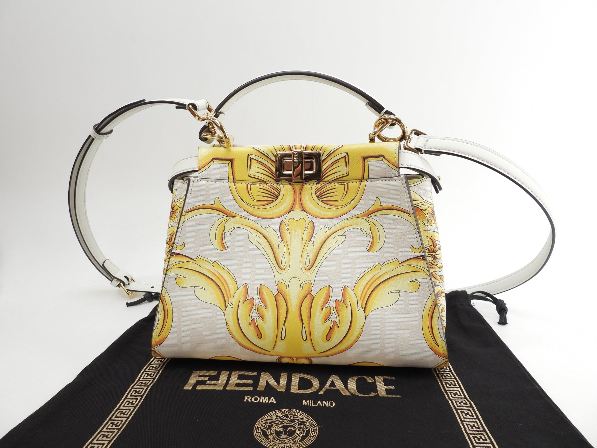 Fendi x Versace Peekaboo Mini borsa a mano in pelle bianca e gialla pochette Fendace mai usata @ 1