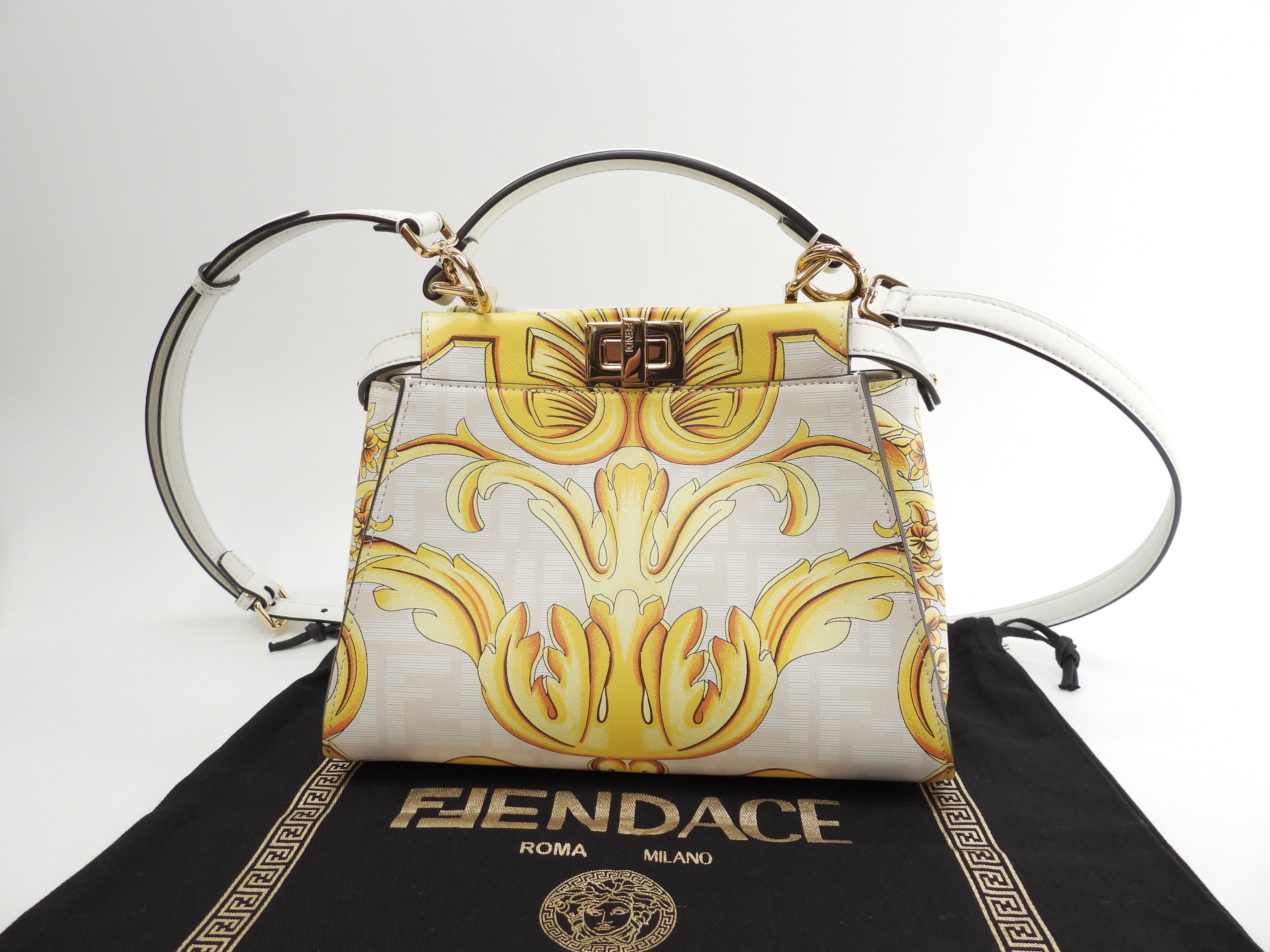Fendi x Versace Peekaboo Mini borsa a mano in pelle bianca e gialla pochette Fendace mai usata @ 1
