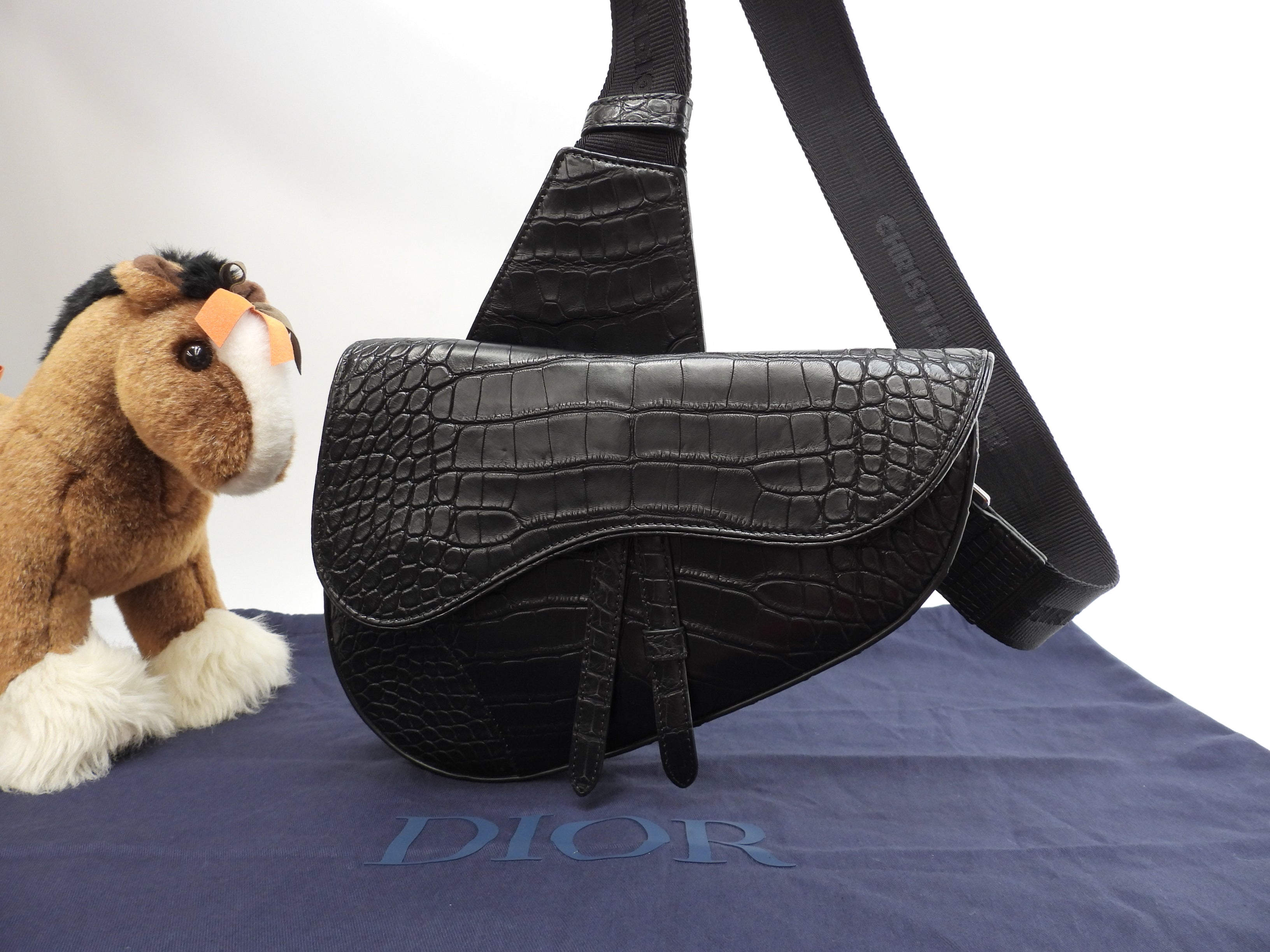 Christian Dior borsa a tracolla Saddle bag in pelle di coccodrillo nera, come nuova, @ 2