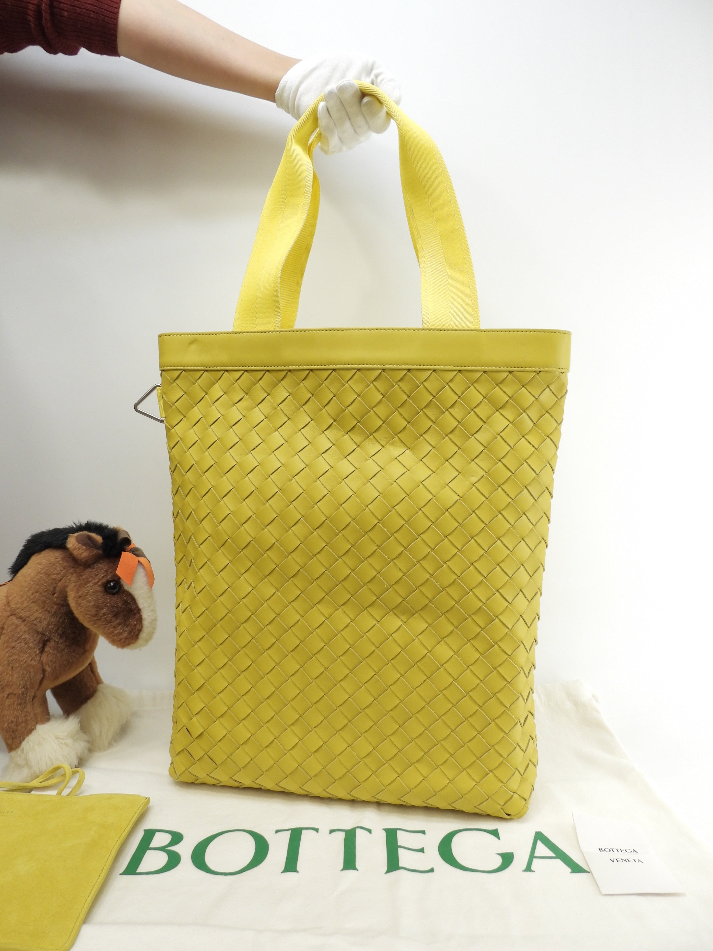 Bottega Veneta Borsa tote da uomo, grande, intrecciata, in pelle gialla, borsa a mano, come nuova@P01620124Z