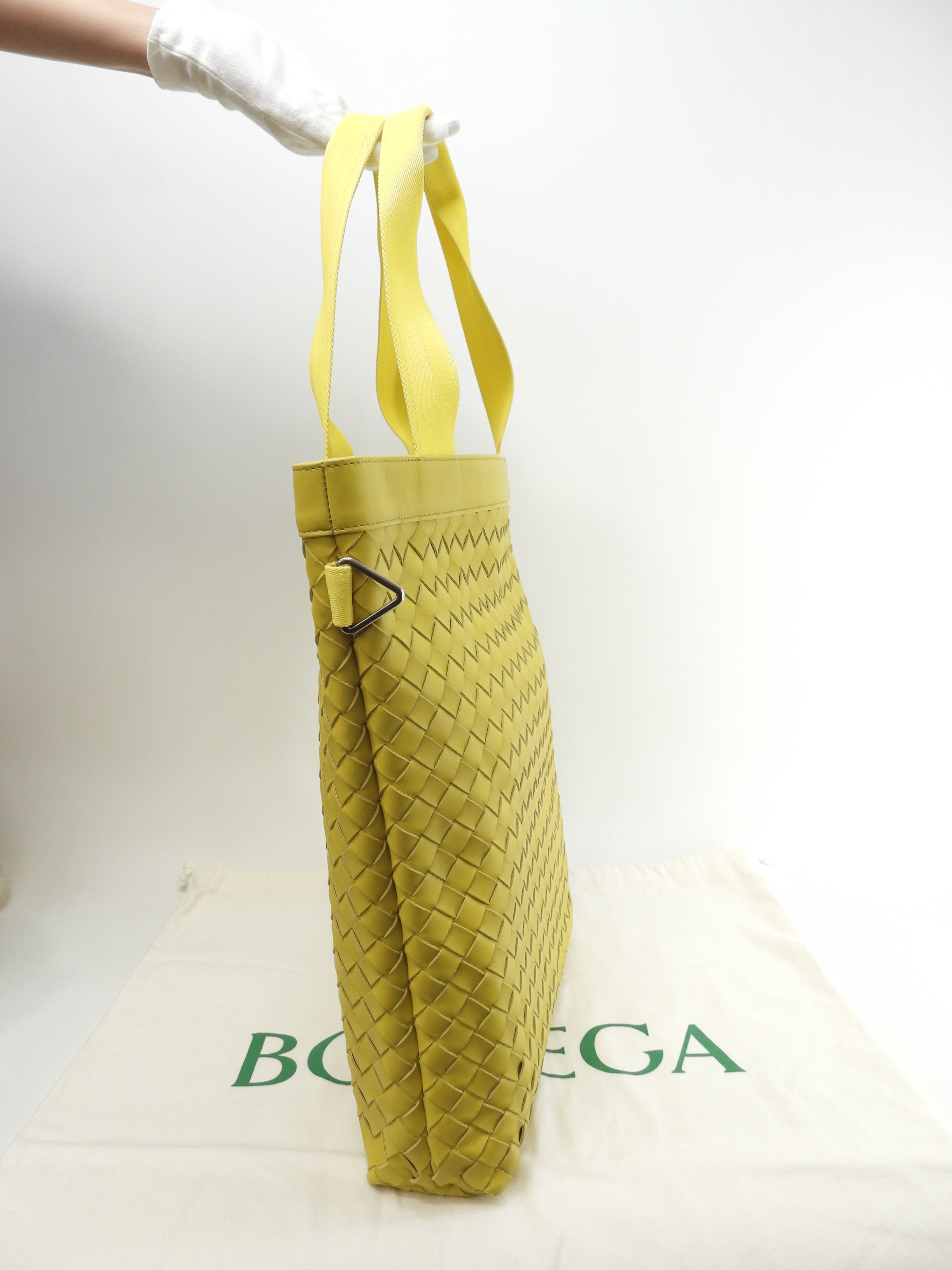 Bottega Veneta Borsa tote da uomo, grande, intrecciata, in pelle gialla, borsa a mano, come nuova@P01620124Z