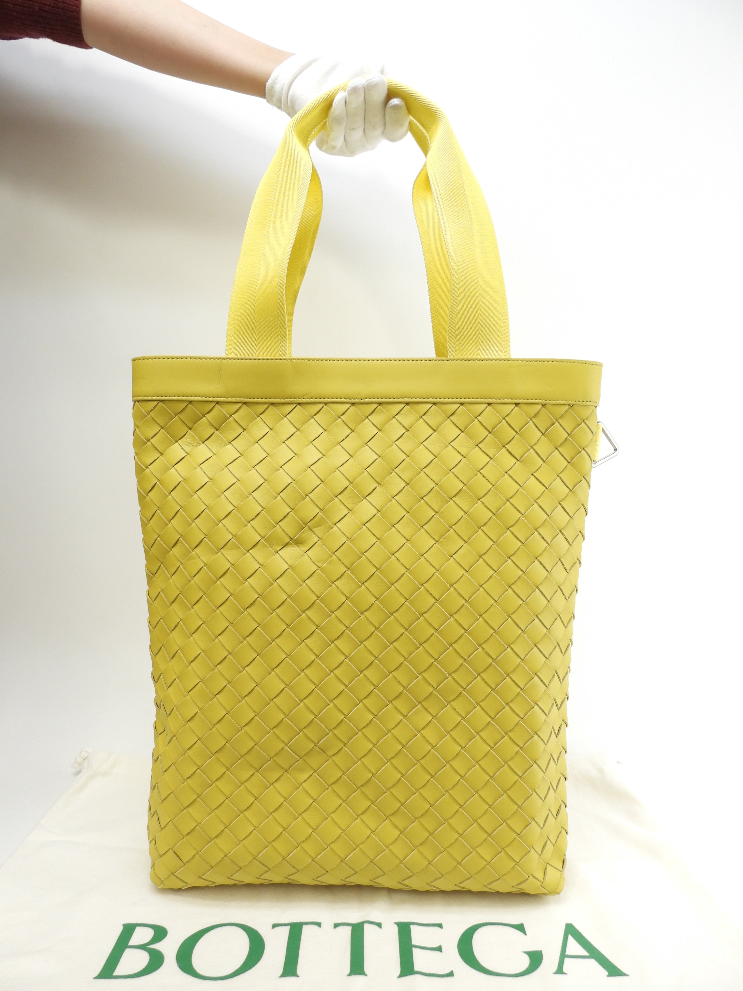 Bottega Veneta Borsa tote da uomo, grande, intrecciata, in pelle gialla, borsa a mano, come nuova@P01620124Z