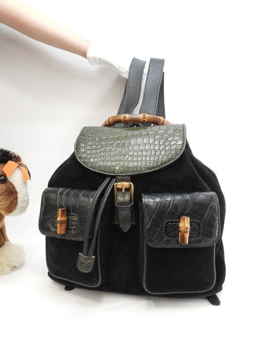 Zaino Gucci medio, bambù, coccodrillo verde/camoscio nero, rarissimo @ 13