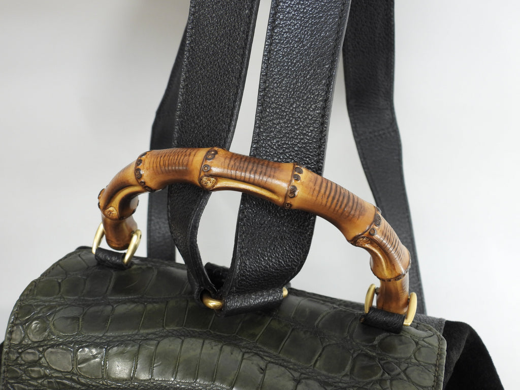 Zaino Gucci medio, bambù, coccodrillo verde/camoscio nero, rarissimo @ 13