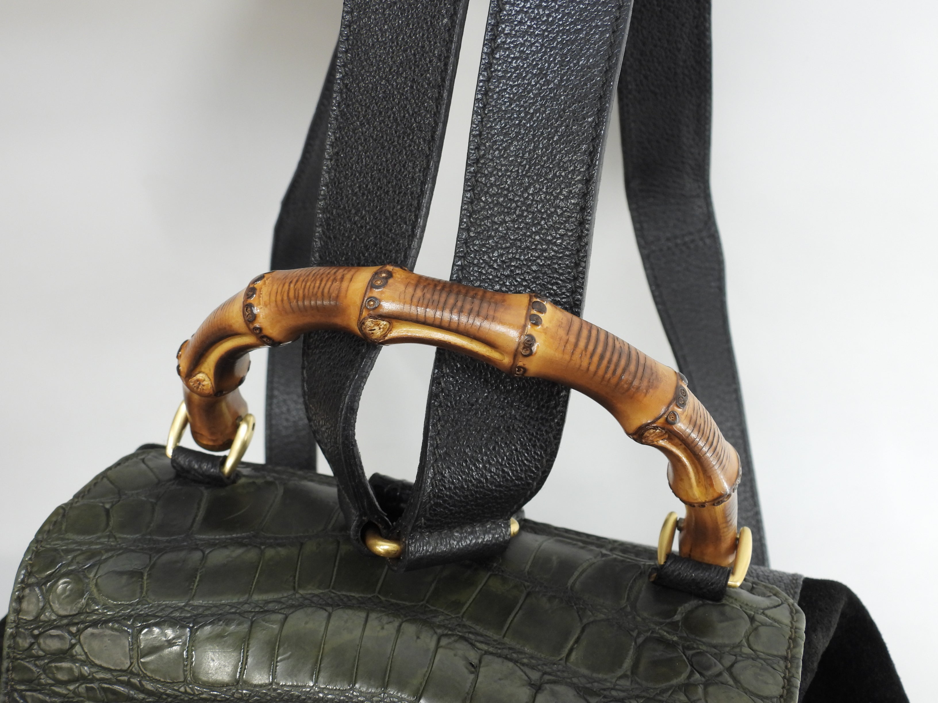 Zaino Gucci medio, bambù, coccodrillo verde/camoscio nero, rarissimo @ 13