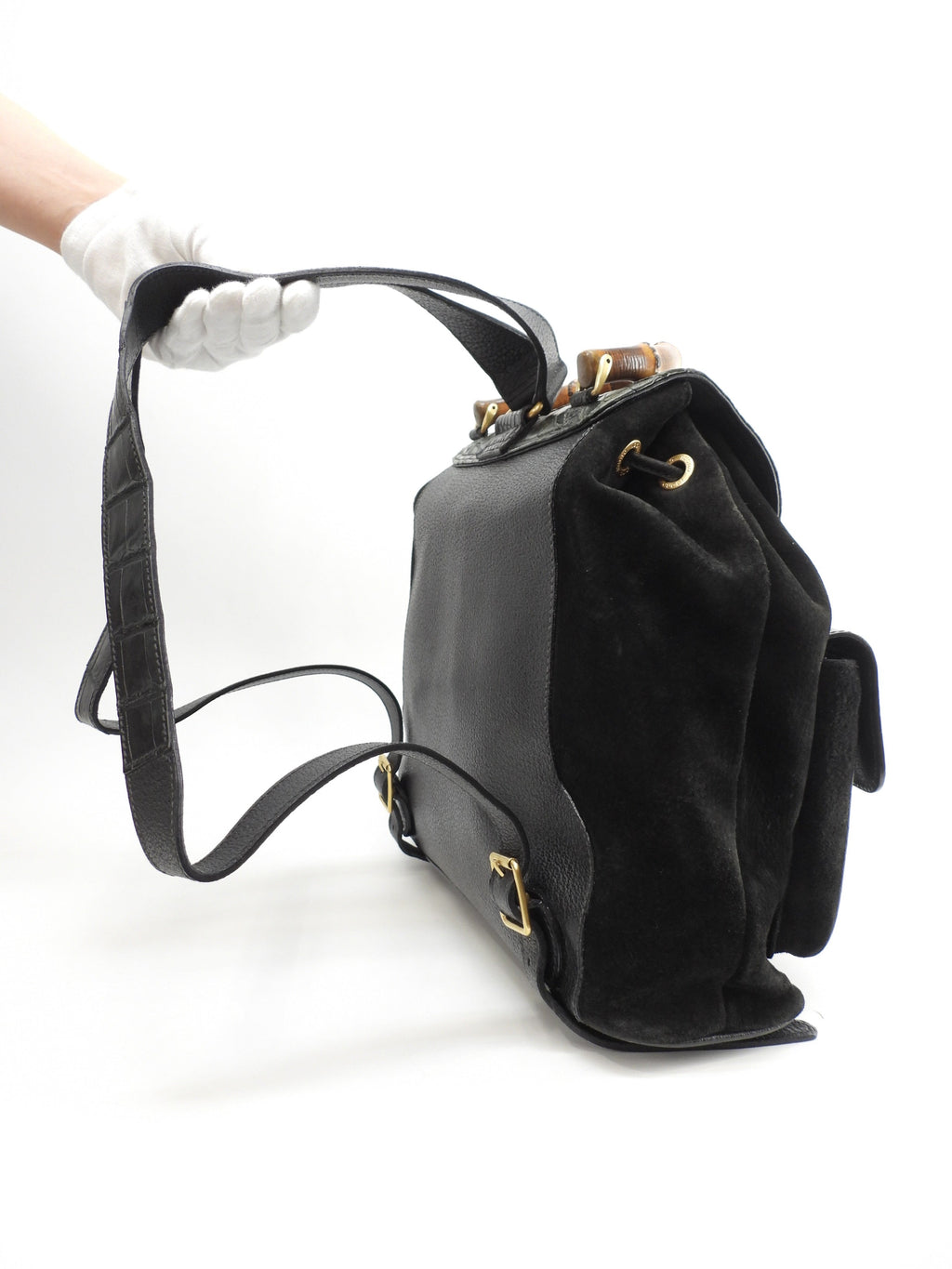 Zaino Gucci medio, bambù, coccodrillo verde/camoscio nero, rarissimo @ 13
