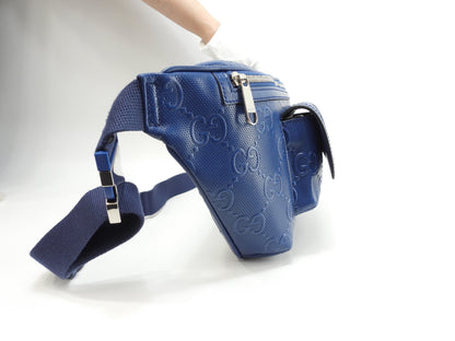 Gucci marsupio grande in pelle martellata con monogramma GG blu, borsa a tracolla/cintura, pari al nuovo @ 1