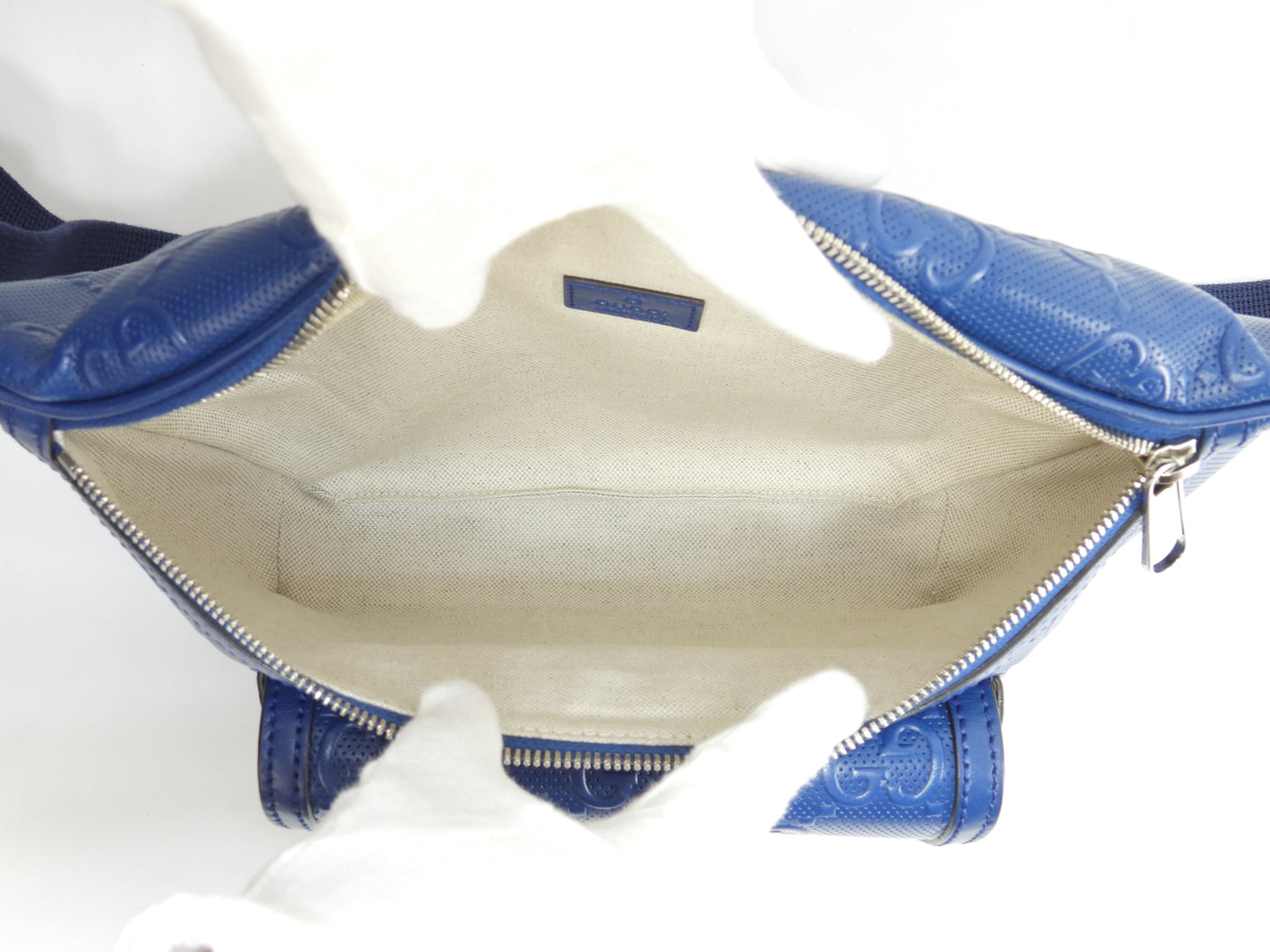 Gucci marsupio grande in pelle martellata con monogramma GG blu, borsa a tracolla/cintura, pari al nuovo @ 1