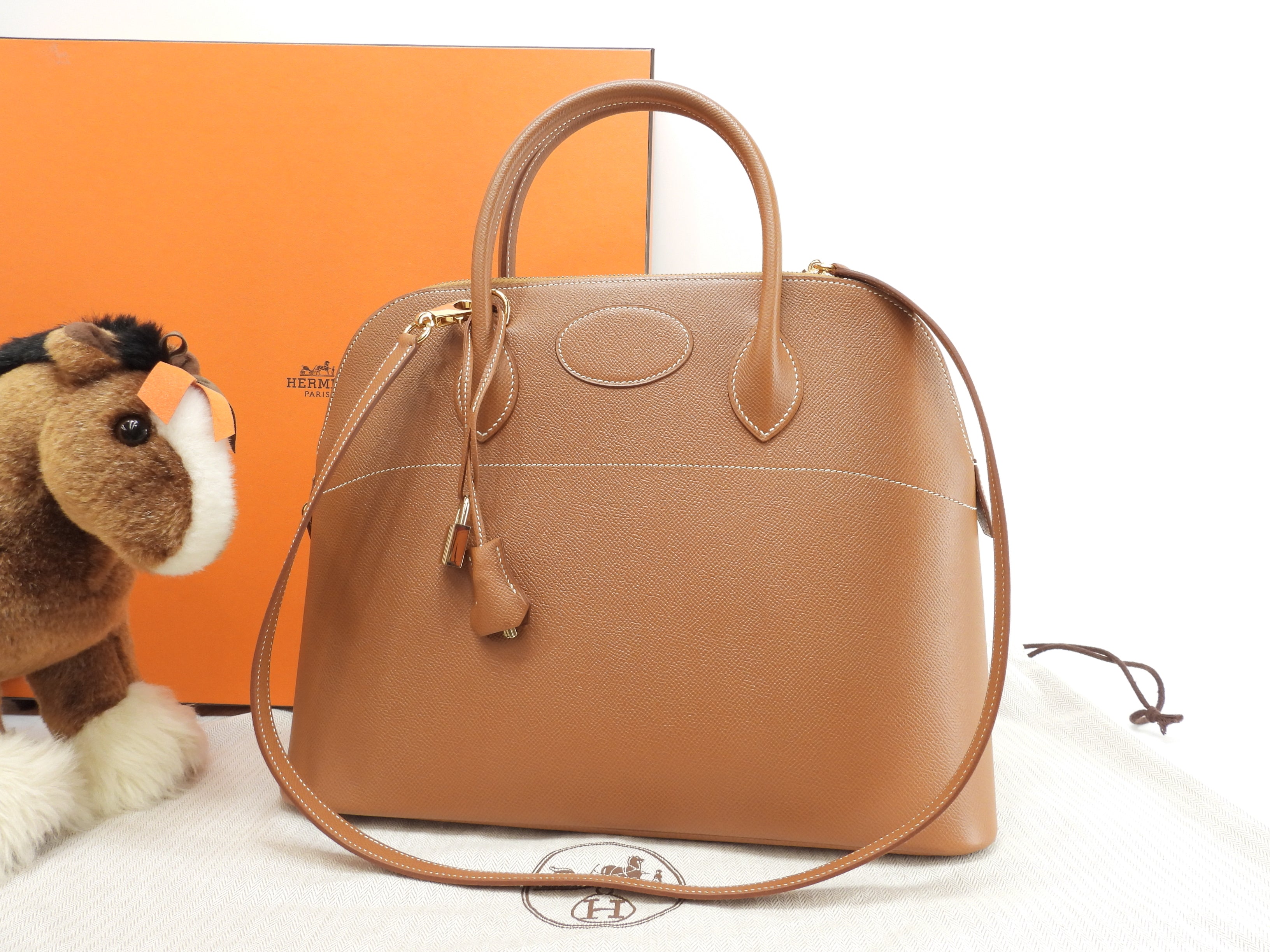 Hermès Bolide 35 Courchevel Oro con hardware dorato, borsa a mano/borsa tote con tracolla, condizioni eccellenti @□A 5