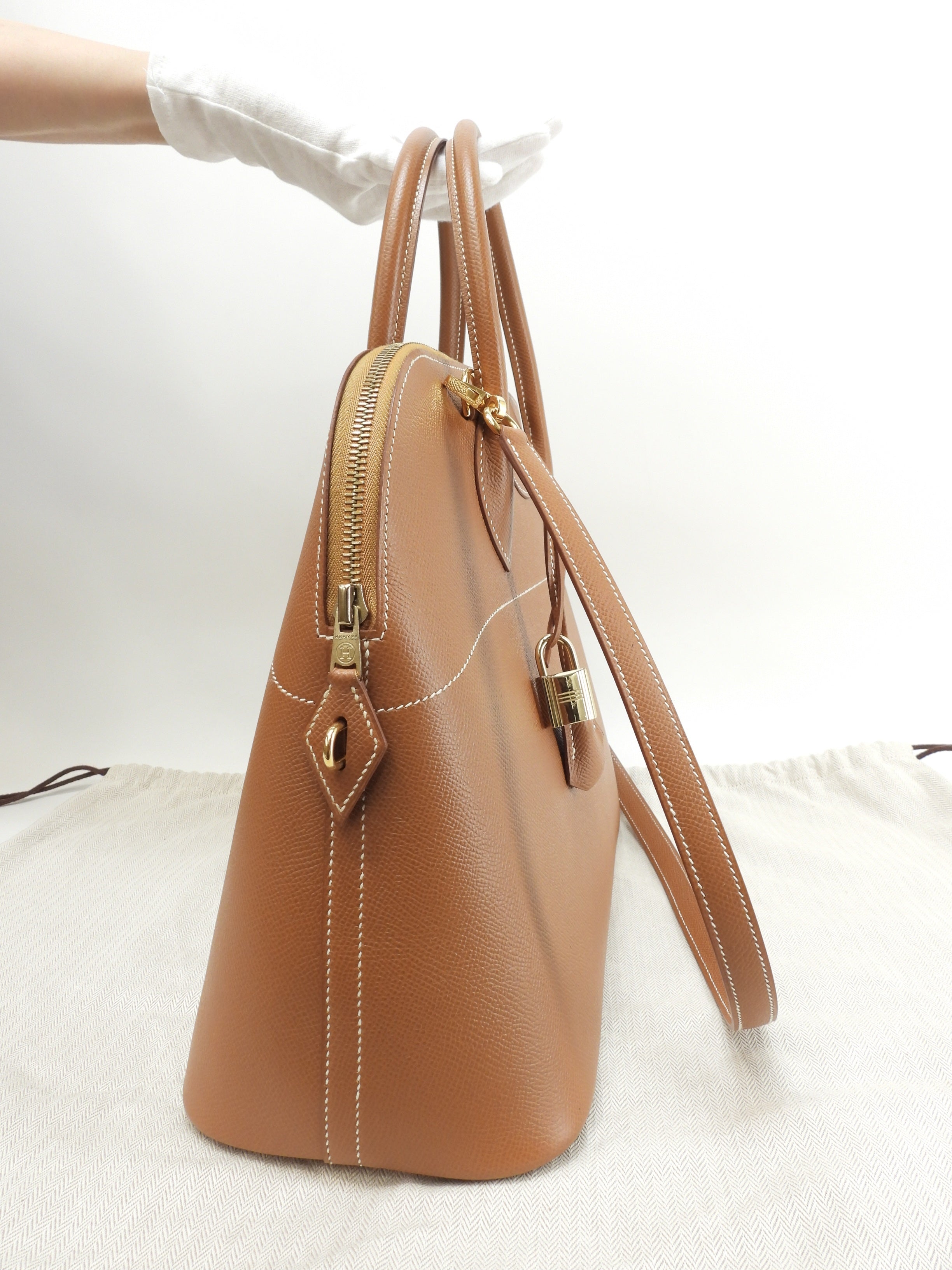 Hermès Bolide 35 Courchevel Oro con hardware dorato, borsa a mano/borsa tote con tracolla, condizioni eccellenti @□A 5