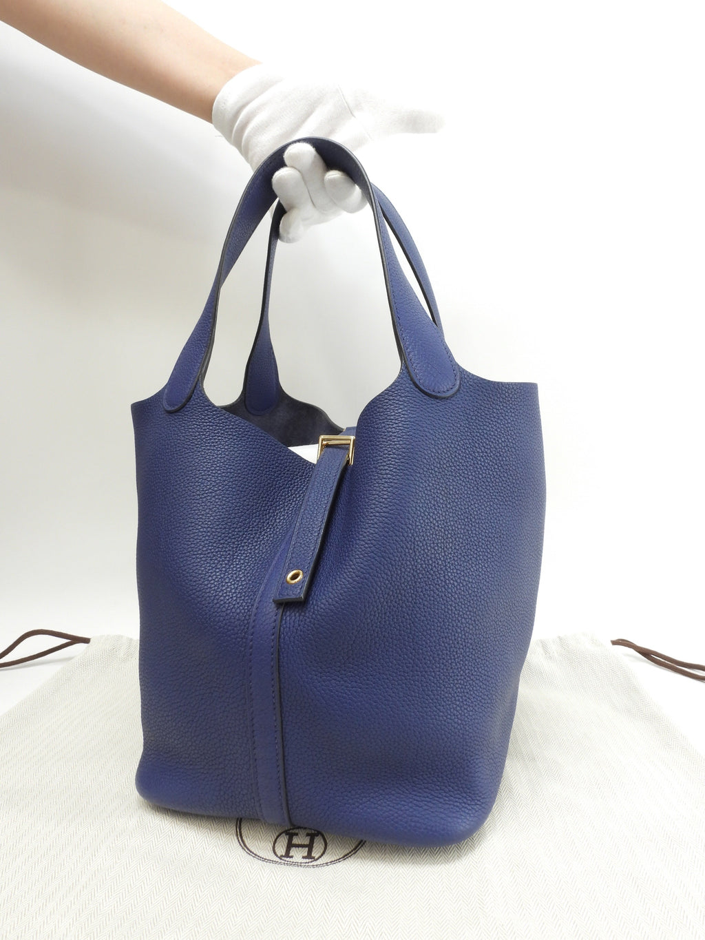 Hermès Picotin Lock MM Taurillon Maurice Deep Blue Borsa a Mano Hardware Oro Ottime Condizioni@D