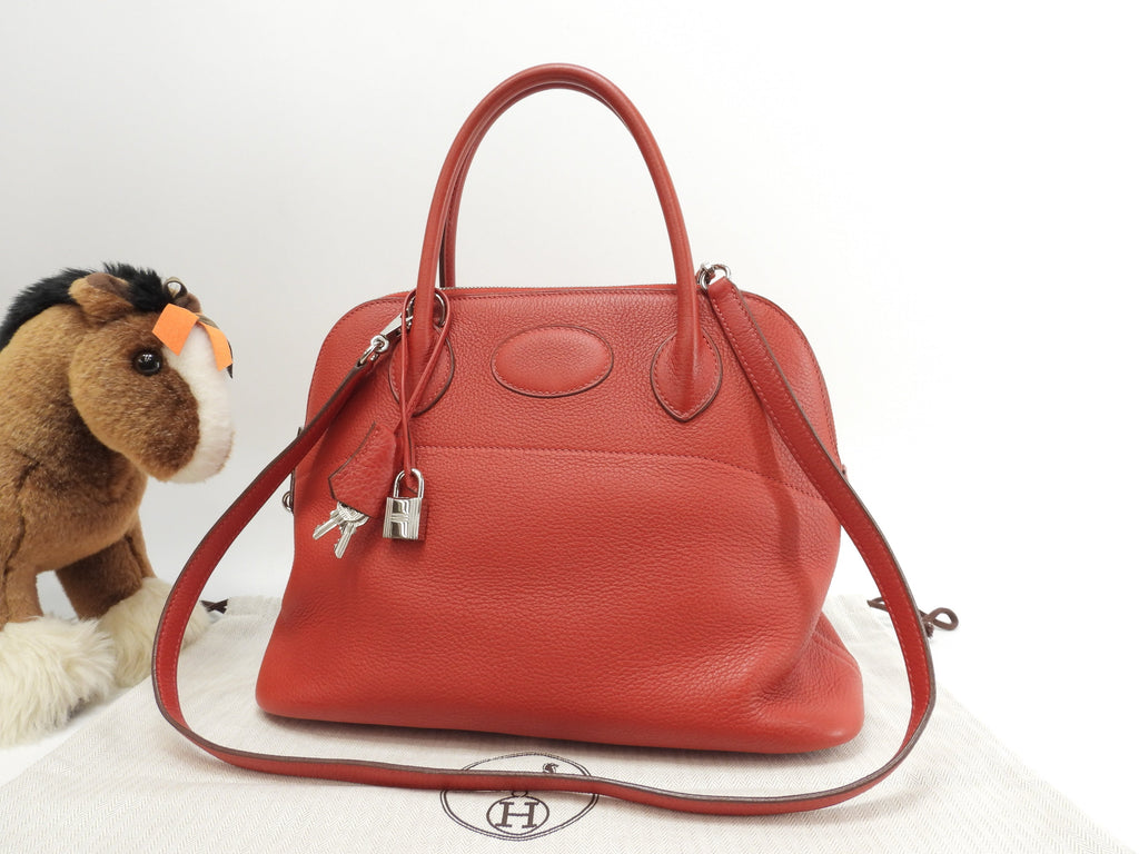 Hermès Bolide 31 Togo rosso, metalleria argentata, con tracolla, condizioni eccellenti @□H