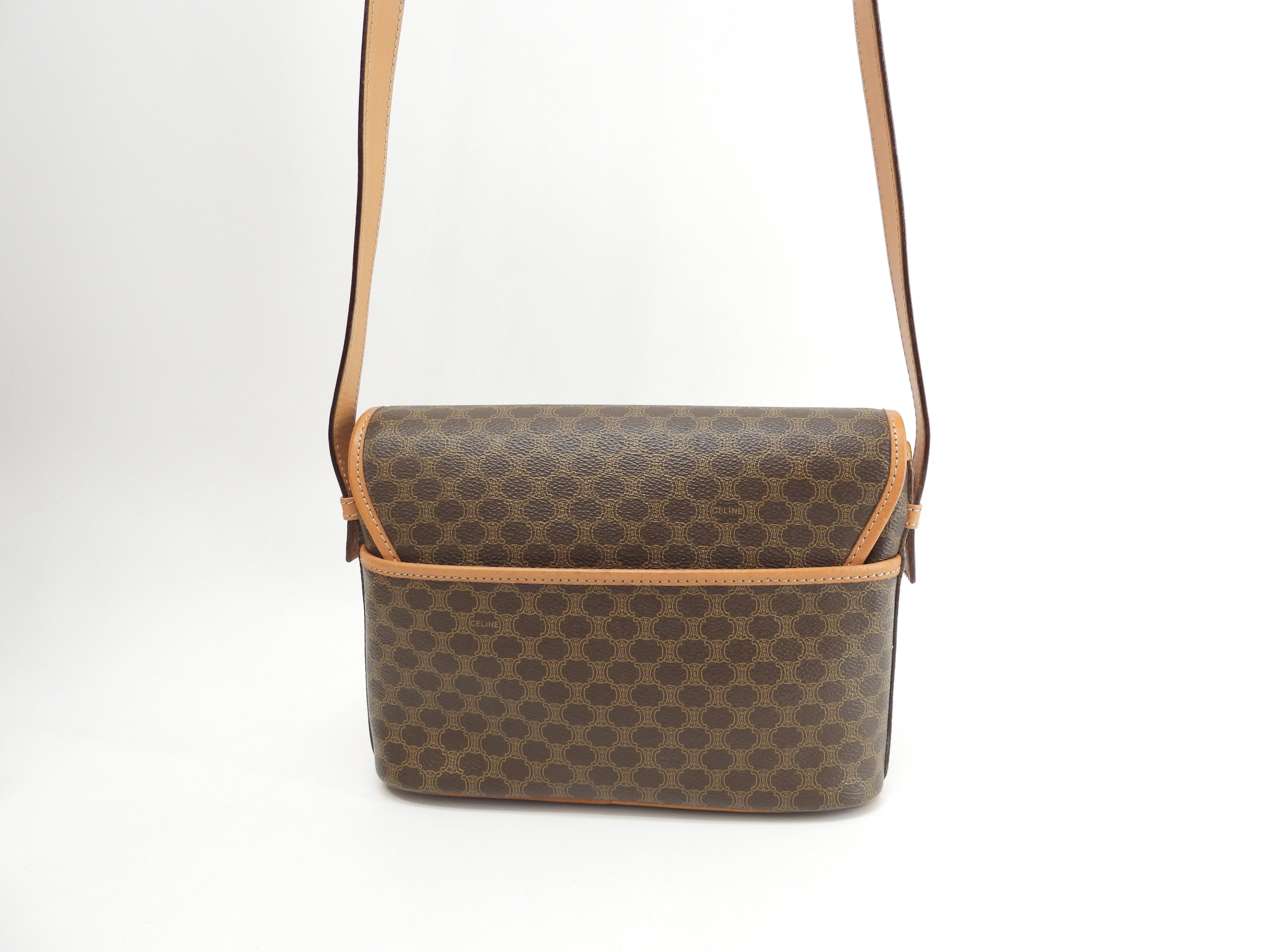 Celine Pochette Triomphe Macadam Marrone Borsa a Tracolla con Logo sul Risvolto @F/10
