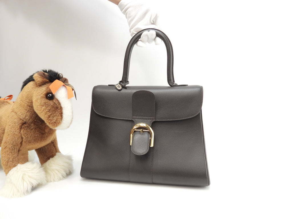 Delvaux Brillant MM, pelle goffrata, marrone scuro, borsa a mano, borsa a manico superiore, modello Kelly@ 92