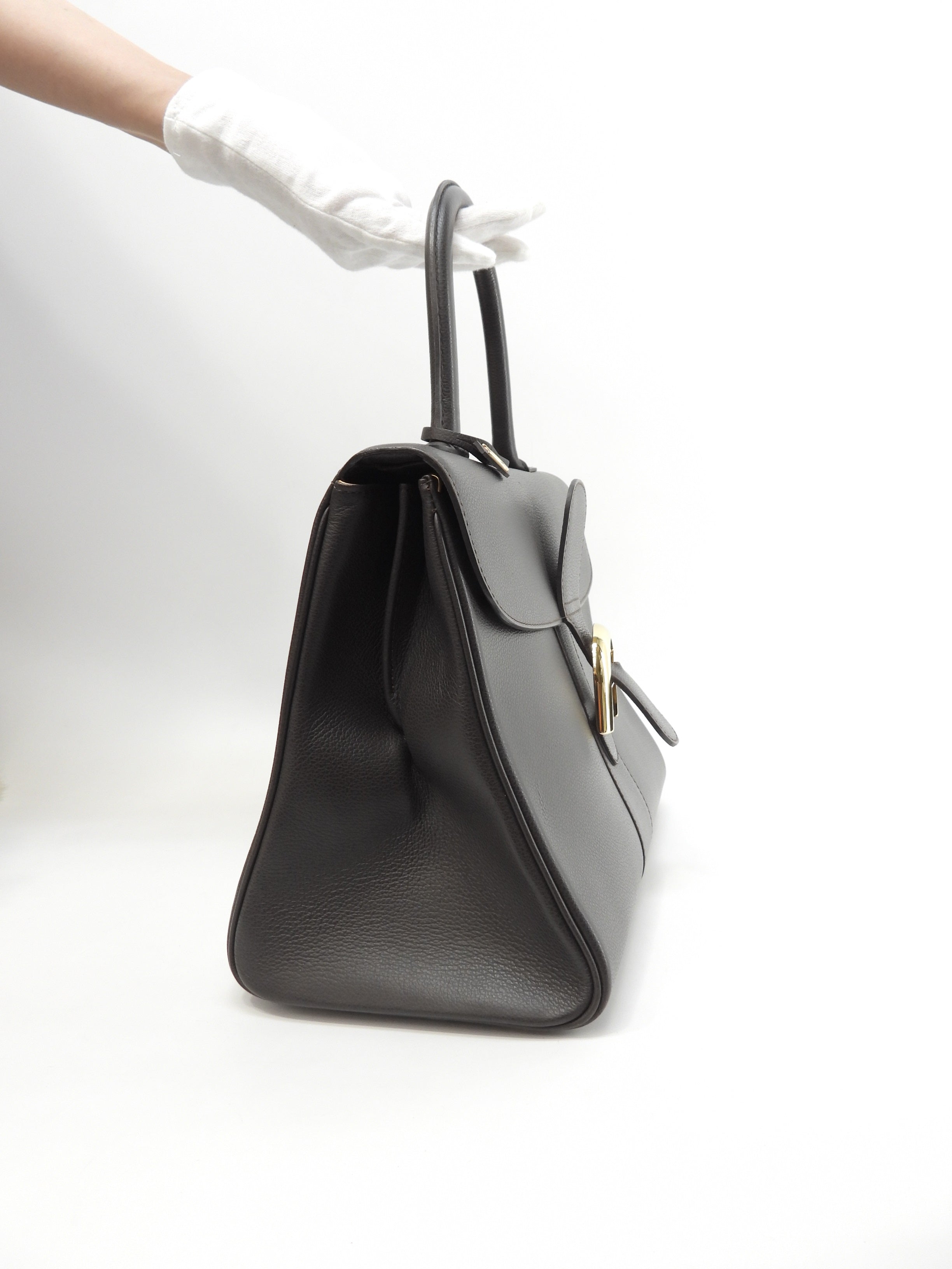 Delvaux Brillant MM, pelle goffrata, marrone scuro, borsa a mano, borsa a manico superiore, modello Kelly@ 92