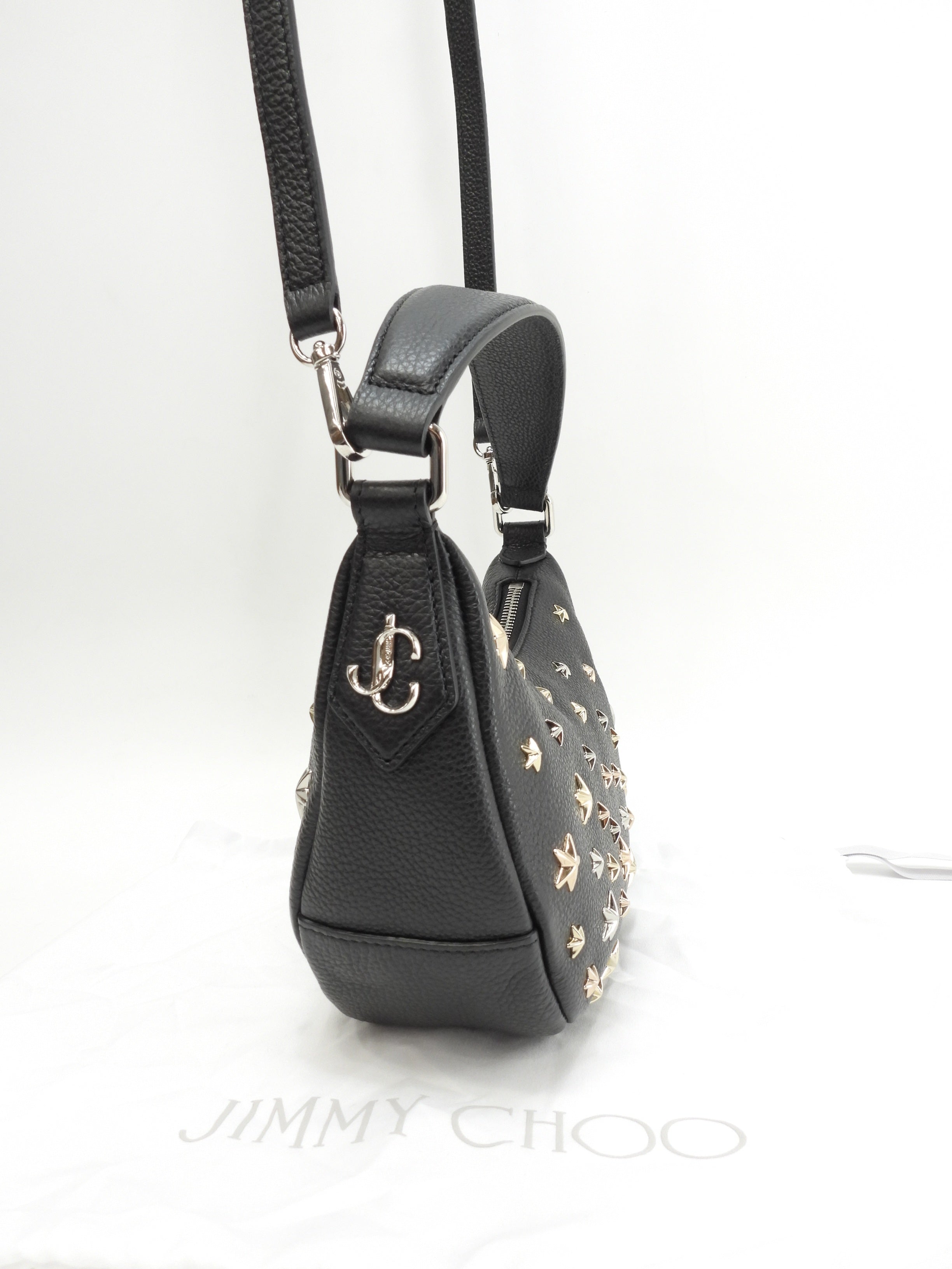 Jimmy Choo Sky - Borsa a mano mini in pelle nera con borchie a stella, mai usata @NDM0YR
