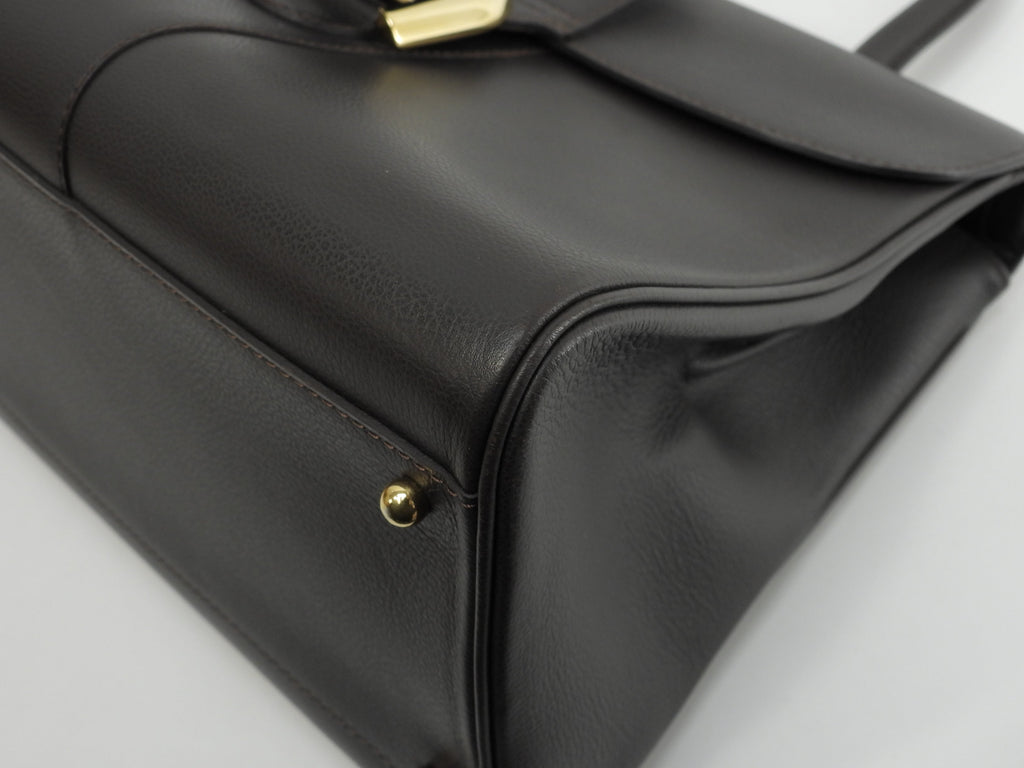 Delvaux Brillant MM, pelle goffrata, marrone scuro, borsa a mano, borsa a manico superiore, modello Kelly@ 92