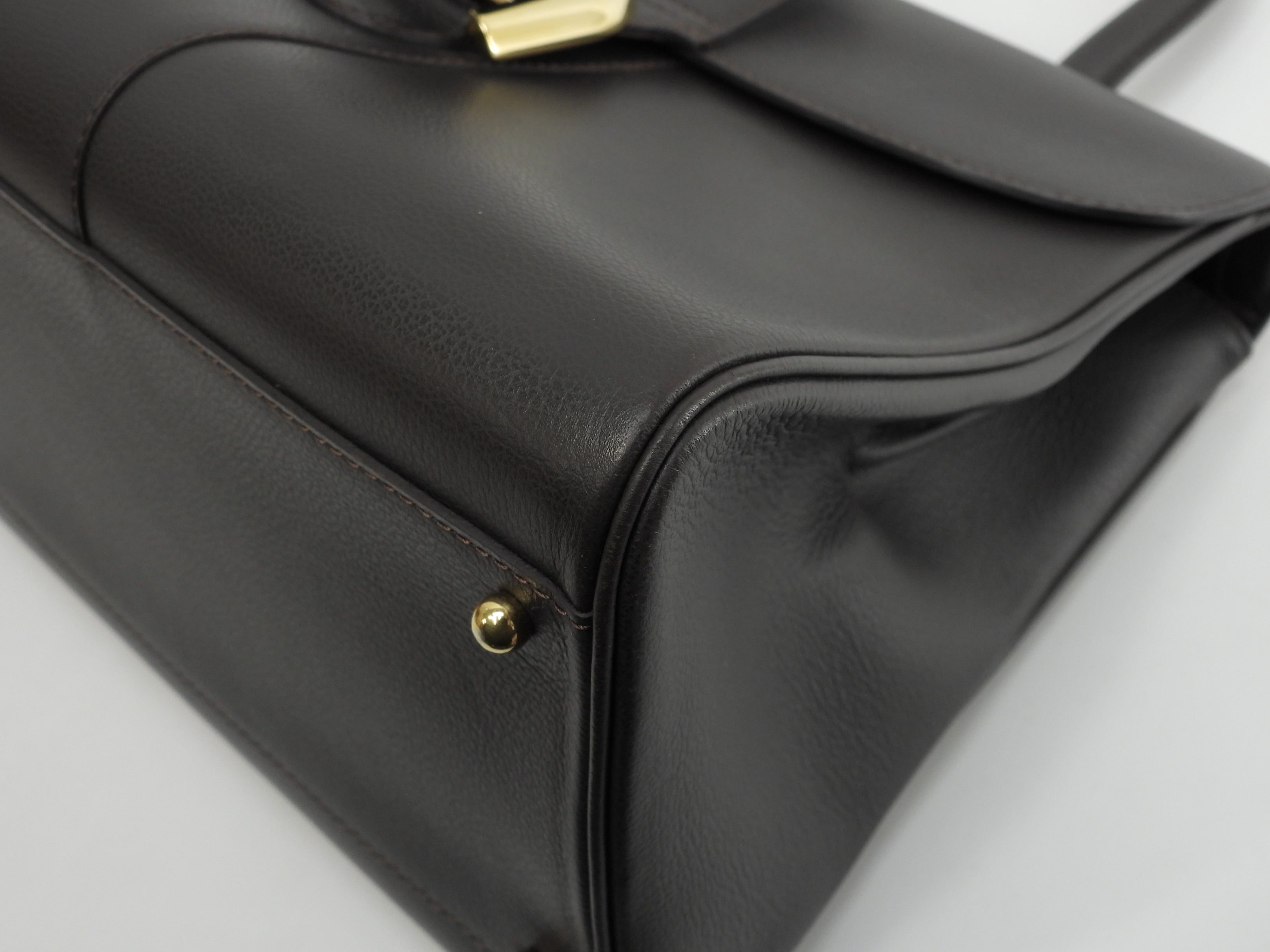 Delvaux Brillant MM, pelle goffrata, marrone scuro, borsa a mano, borsa a manico superiore, modello Kelly@ 92