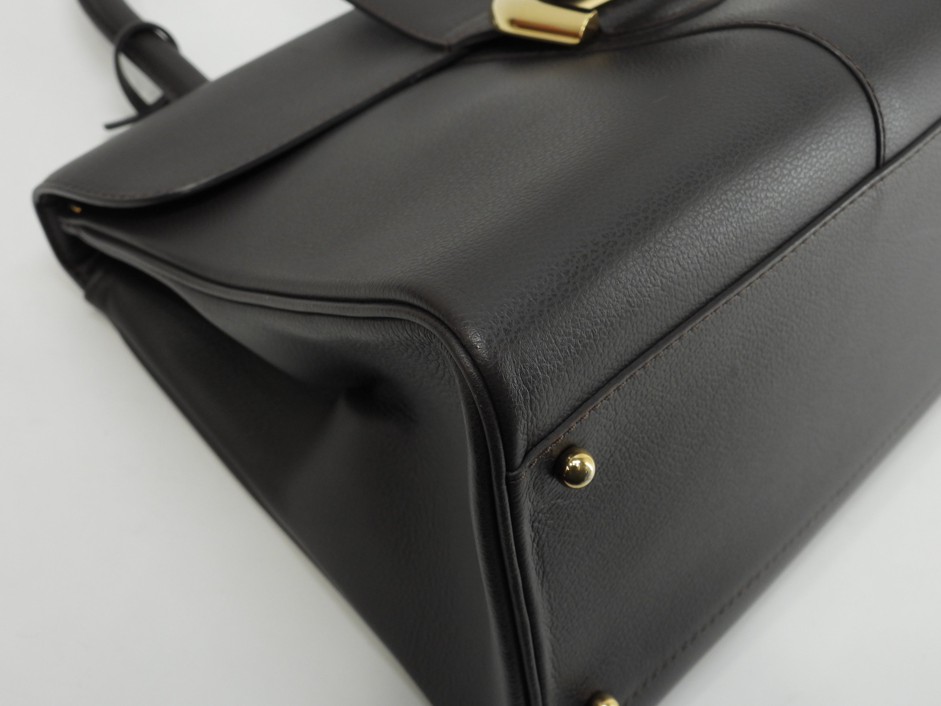 Delvaux Brillant MM, pelle goffrata, marrone scuro, borsa a mano, borsa a manico superiore, modello Kelly@ 92