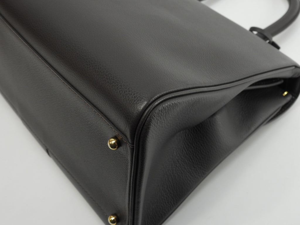 Delvaux Brillant MM, pelle goffrata, marrone scuro, borsa a mano, borsa a manico superiore, modello Kelly@ 92