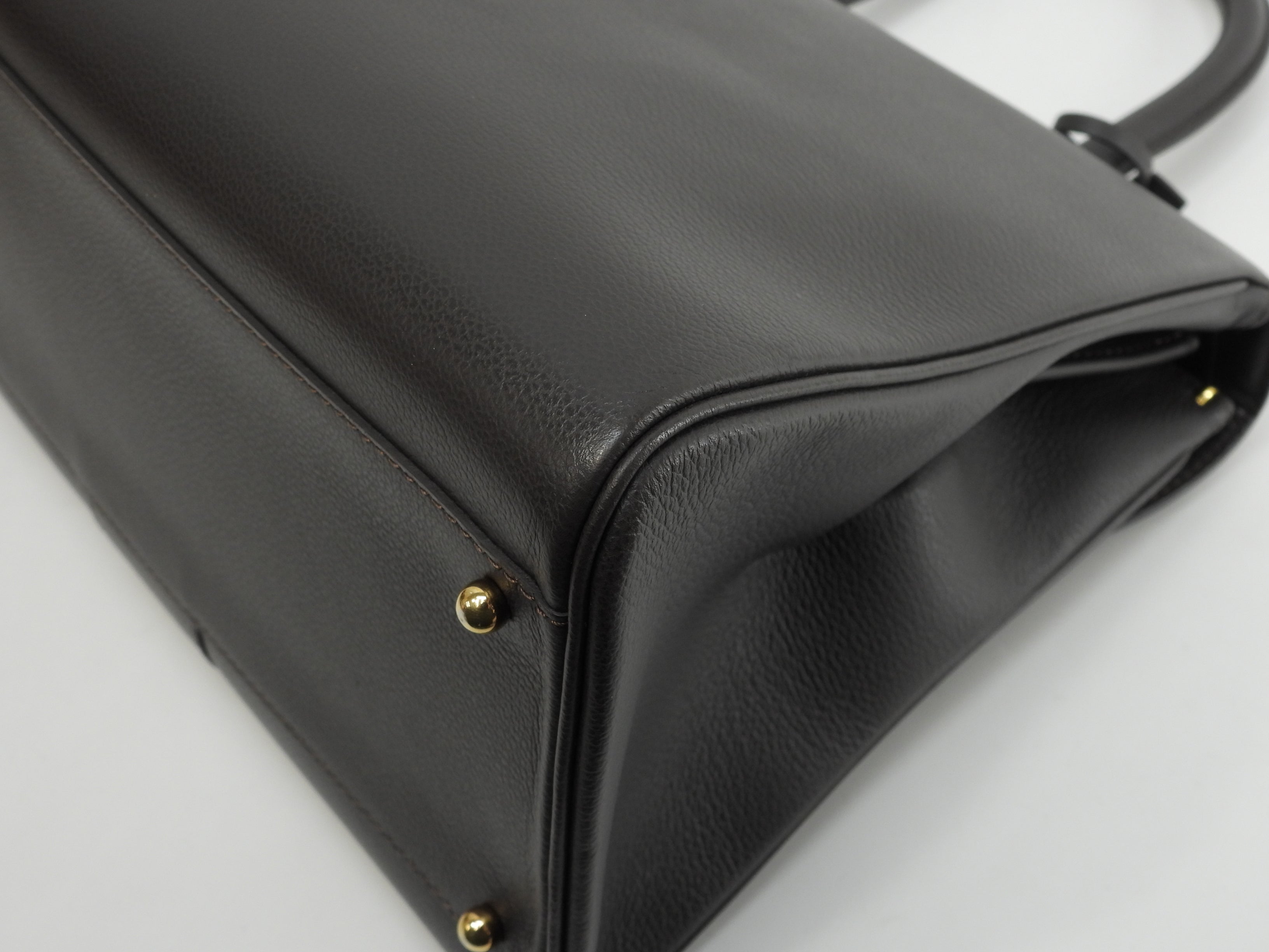 Delvaux Brillant MM, pelle goffrata, marrone scuro, borsa a mano, borsa a manico superiore, modello Kelly@ 92