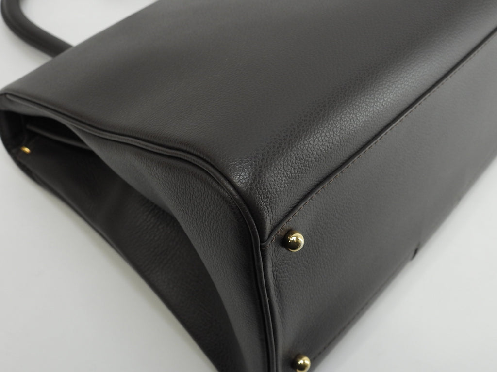 Delvaux Brillant MM, pelle goffrata, marrone scuro, borsa a mano, borsa a manico superiore, modello Kelly@ 92