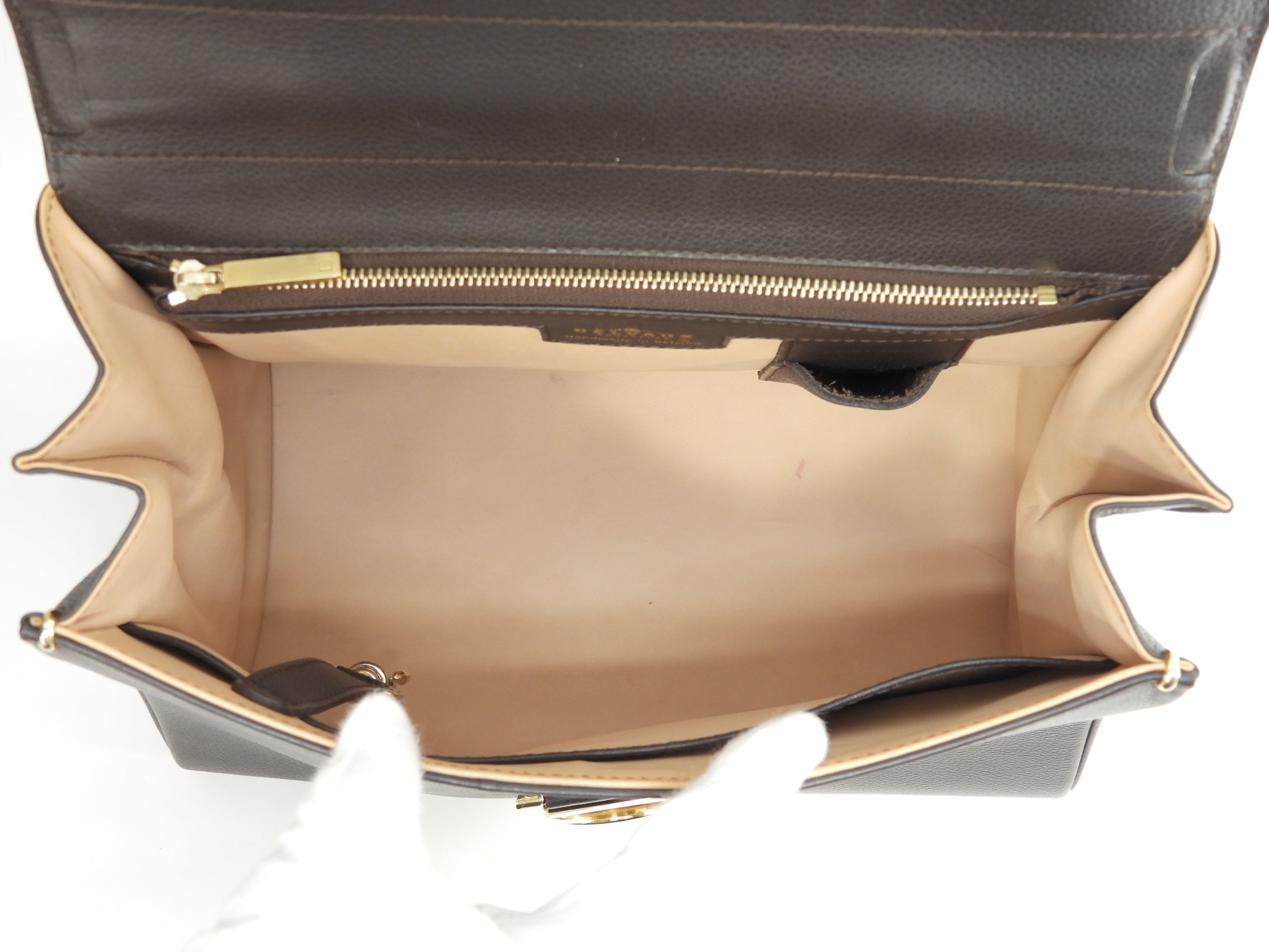 Delvaux Brillant MM, pelle goffrata, marrone scuro, borsa a mano, borsa a manico superiore, modello Kelly@ 92