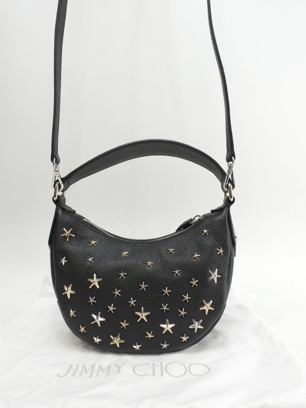 Jimmy Choo Sky - Borsa a mano mini in pelle nera con borchie a stella, mai usata @NDM0YR