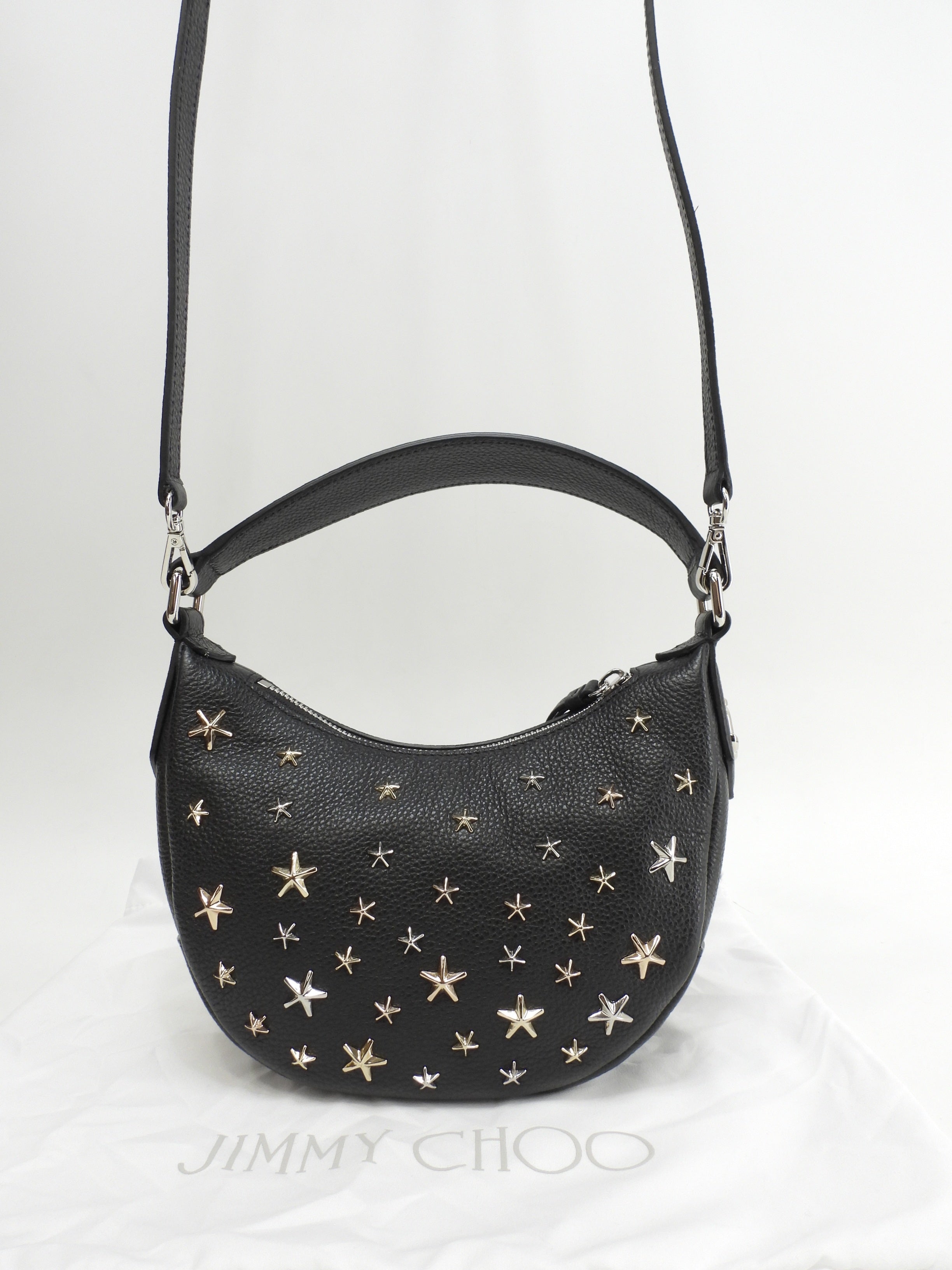 Jimmy Choo Sky - Borsa a mano mini in pelle nera con borchie a stella, mai usata @NDM0YR