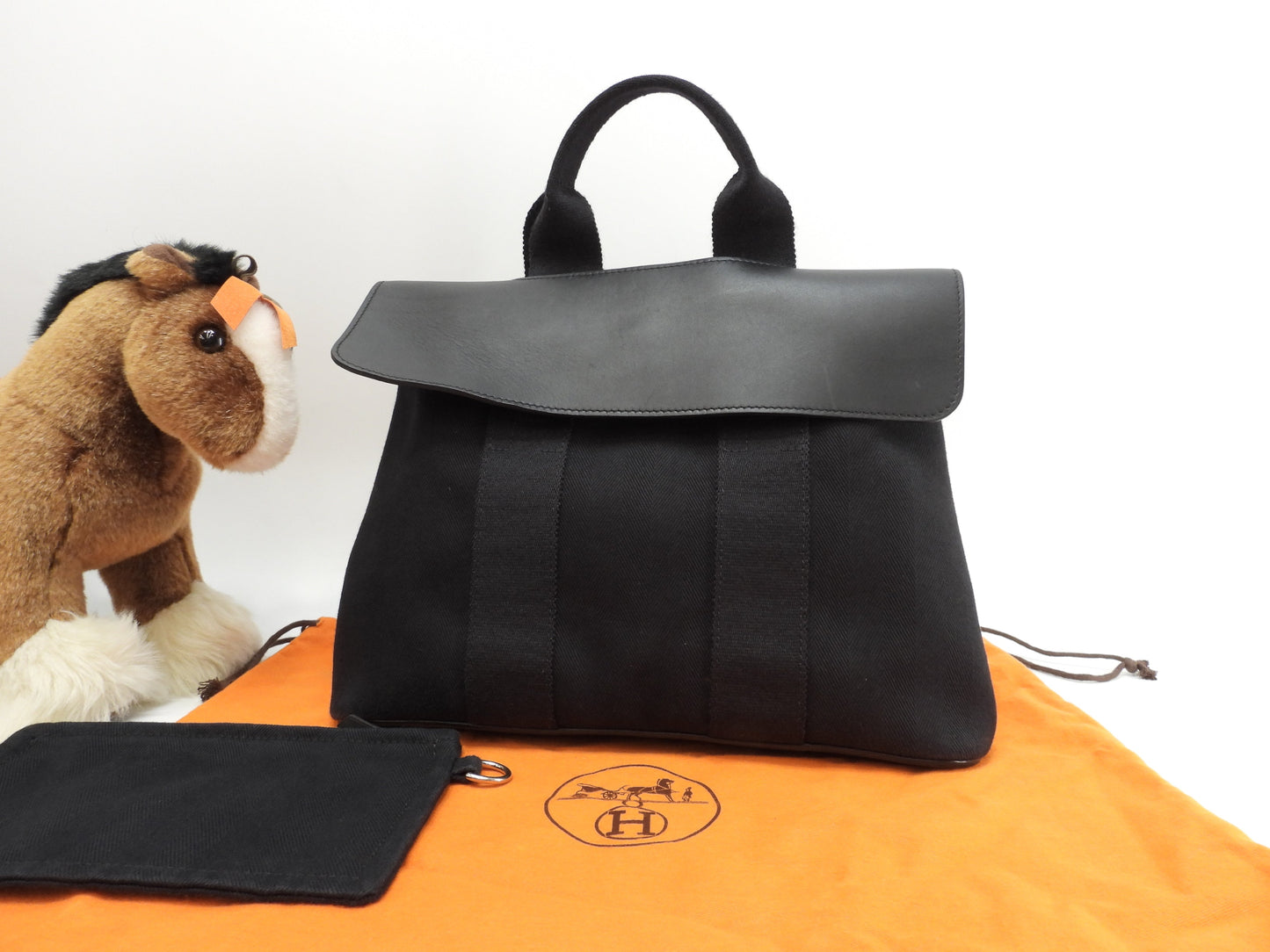 Hermès Valparaiso PM cotone/pelle nero borsa tote borsa a mano ottime condizioni@ 58