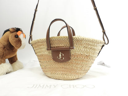 Borsa tote Jimmy Choo MAREESY con logo, rafia naturale/tan, borsa di paglia piccola @TWWHPT