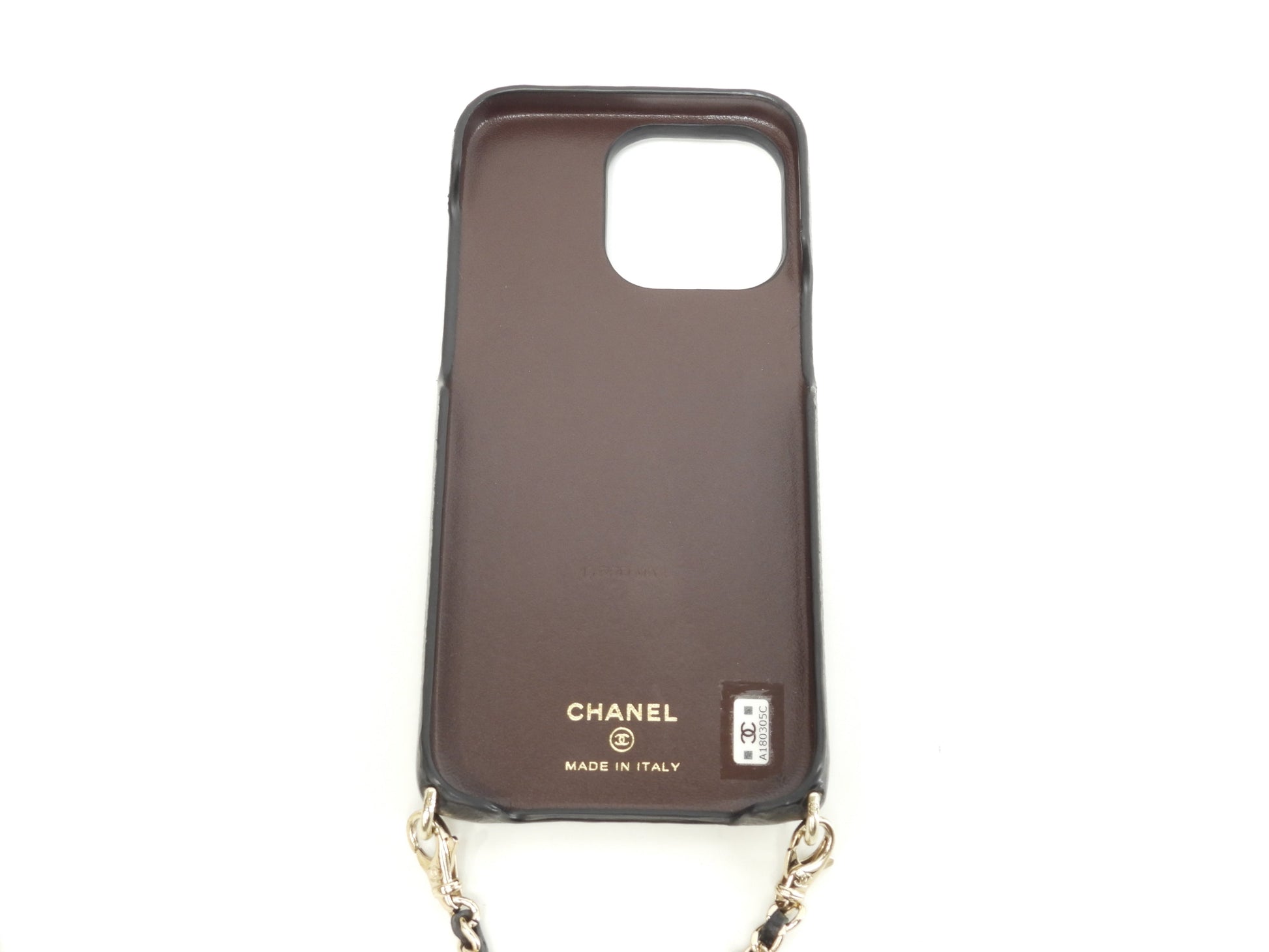 シャネル iphone15proMaxケース キャビア黒 パールストラップ付カバー 美品@A180305C