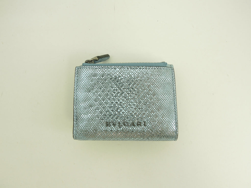Bvlgari, portafoglio a tre ante Serpenti, pelle goffrata azzurra, mini portafoglio, nuovo con etichette@ 9