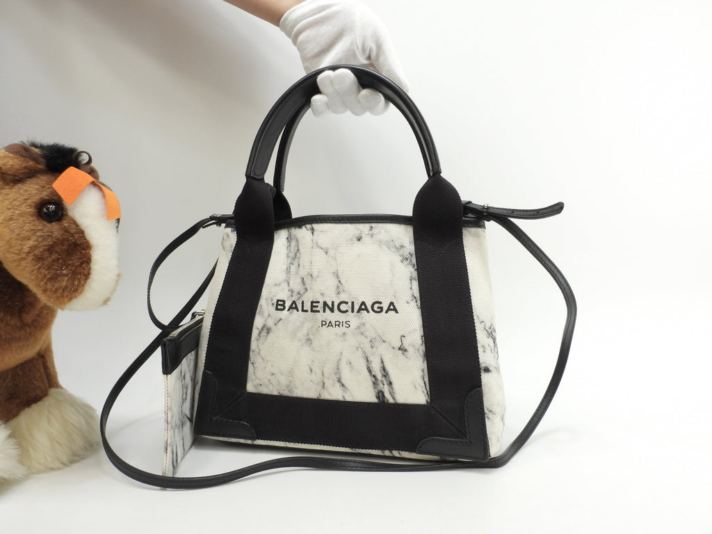 Balenciaga Navy Cabas XS in tela/pelle, motivo marmo bianco e nero, pochette mini borsa a mano @ 18