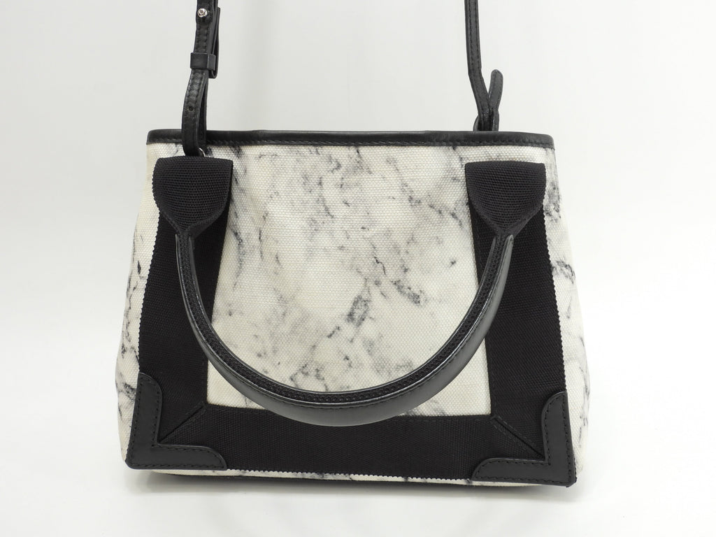 Balenciaga Navy Cabas XS in tela/pelle, motivo marmo bianco e nero, pochette mini borsa a mano @ 18