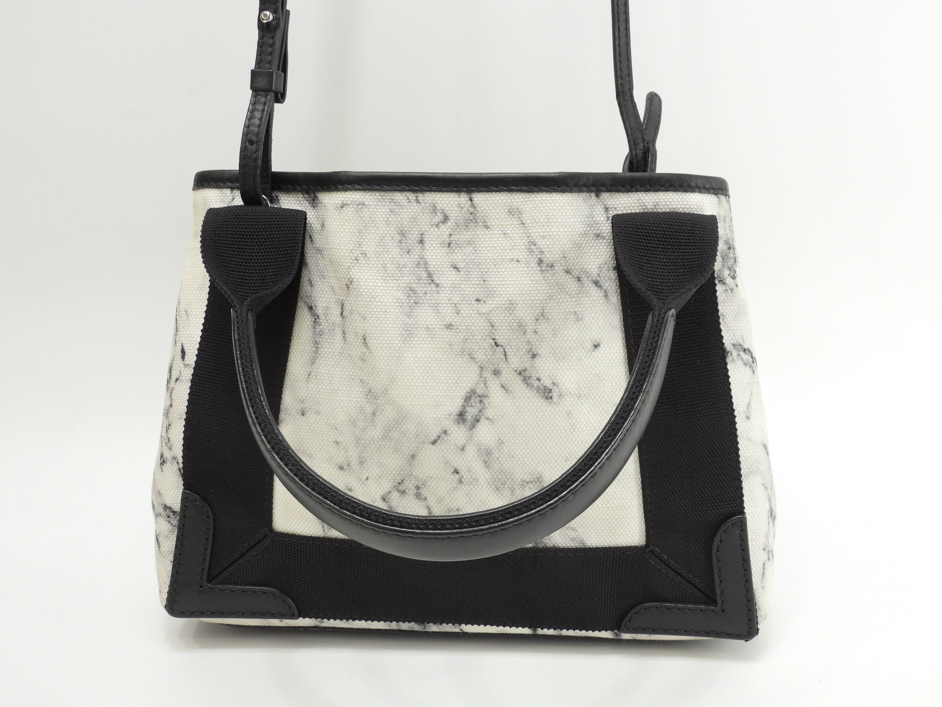 Balenciaga Navy Cabas XS in tela/pelle, motivo marmo bianco e nero, pochette mini borsa a mano @ 18