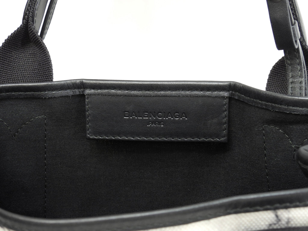 Balenciaga Navy Cabas XS in tela/pelle, motivo marmo bianco e nero, pochette mini borsa a mano @ 18