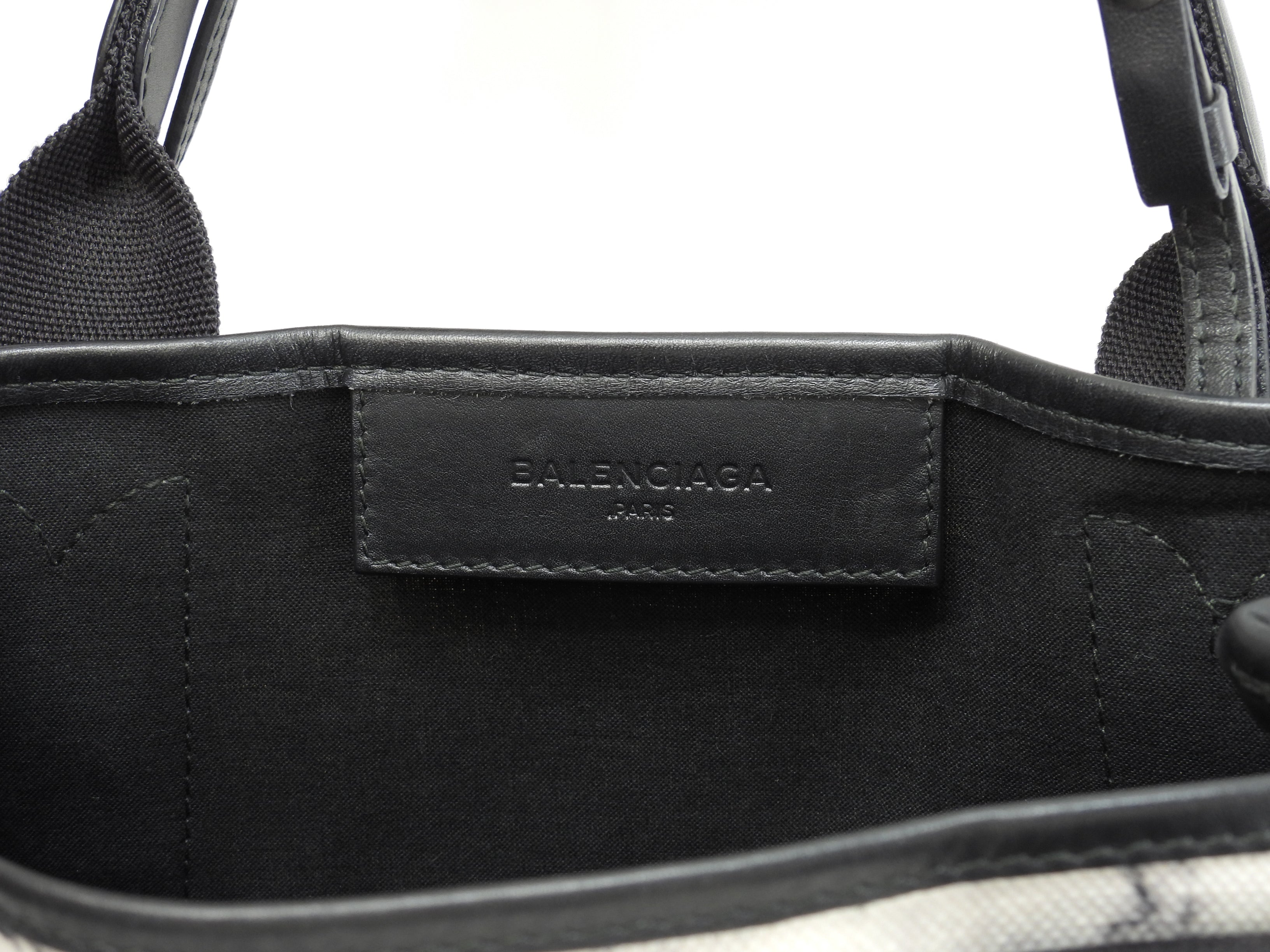 Balenciaga Navy Cabas XS in tela/pelle, motivo marmo bianco e nero, pochette mini borsa a mano @ 18