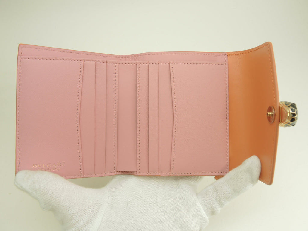 BVLGARI Portafoglio a tre ante Serpenti in pelle/rosa salmone Forever Small Wallet Inutilizzato@ 11