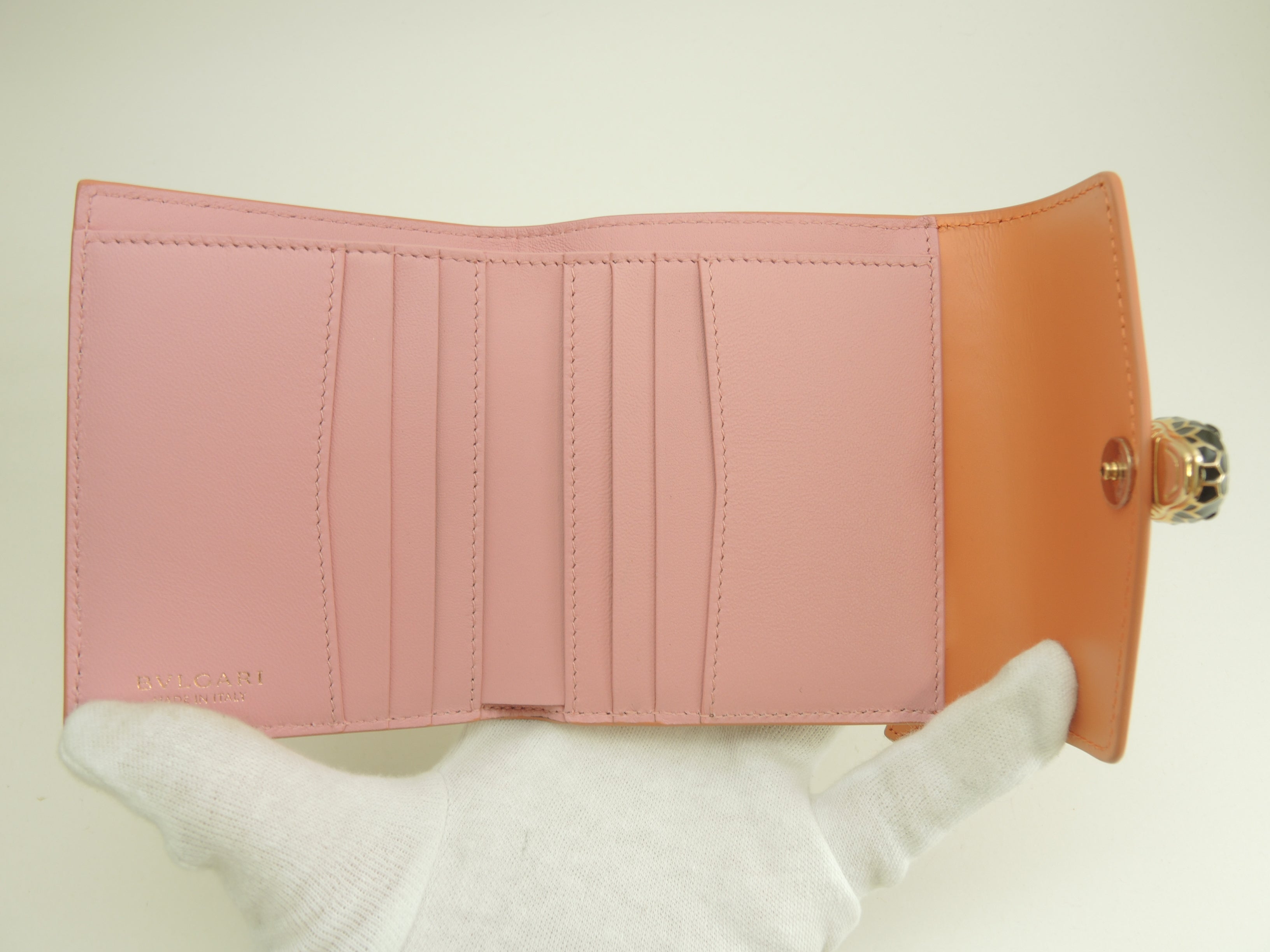 BVLGARI Portafoglio a tre ante Serpenti in pelle/rosa salmone Forever Small Wallet Inutilizzato@ 11