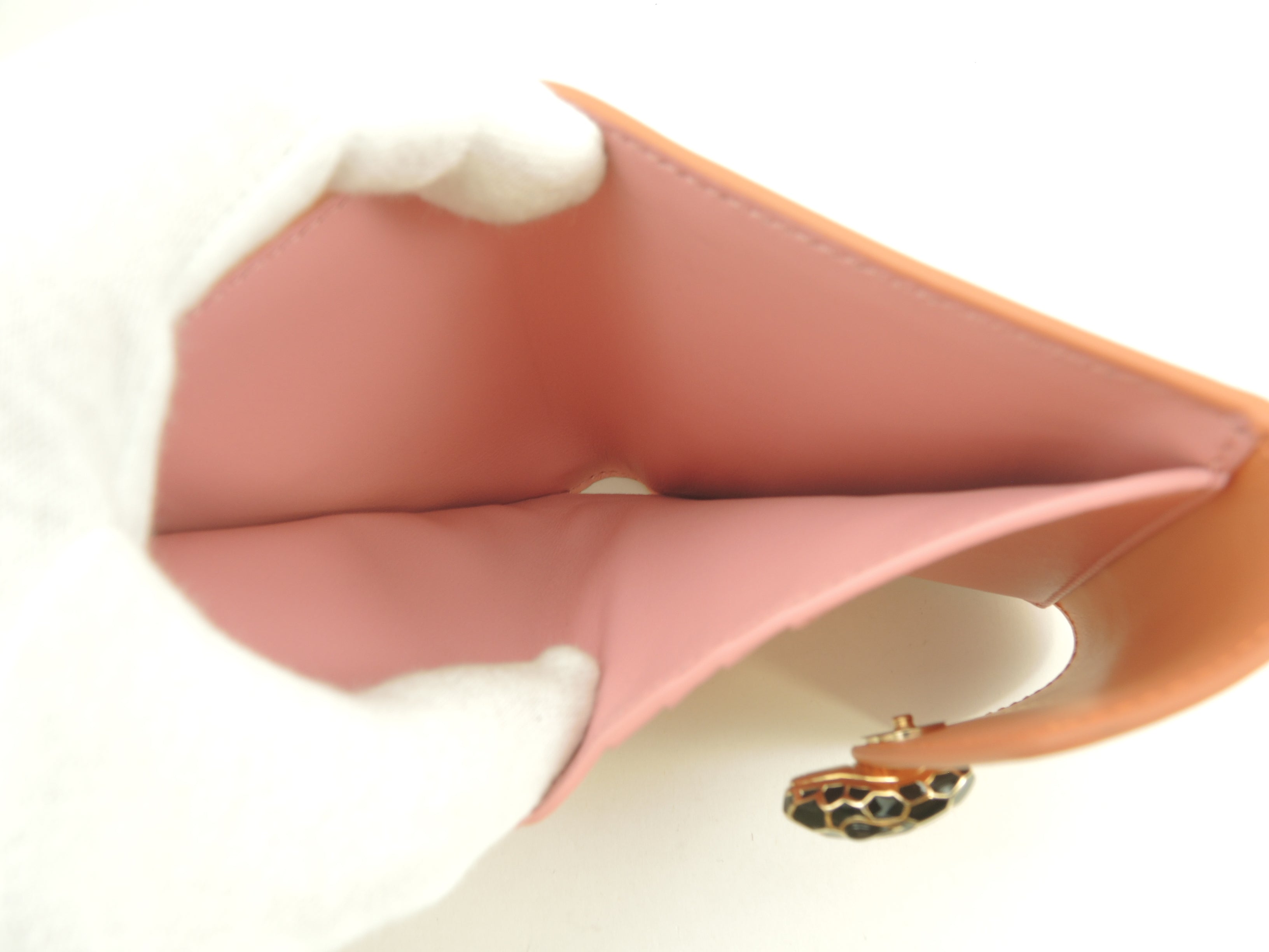 BVLGARI Portafoglio a tre ante Serpenti in pelle/rosa salmone Forever Small Wallet Inutilizzato@ 11
