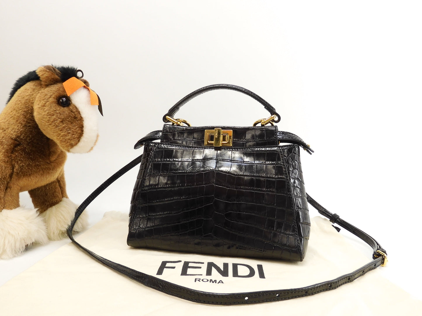 Fendi Mini Peekaboo, coccodrillo nero, borsa a tracolla con cinghia, pochette @ 79