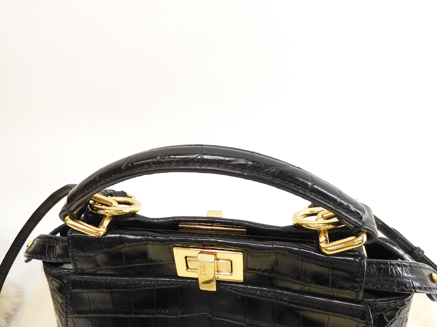 Fendi Mini Peekaboo, coccodrillo nero, borsa a tracolla con cinghia, pochette @ 79