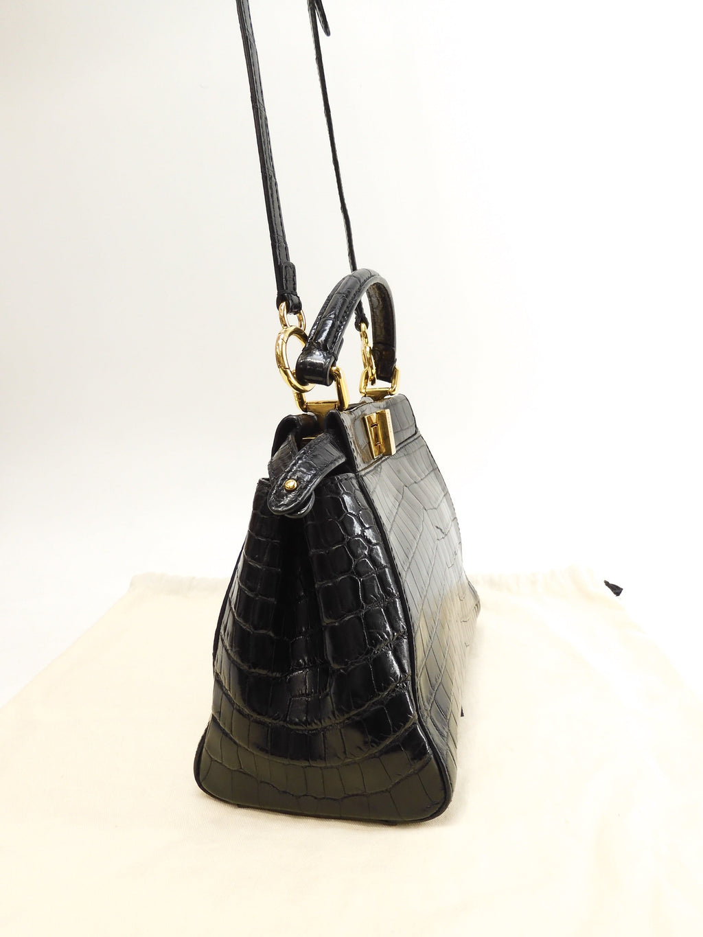 Fendi Mini Peekaboo, coccodrillo nero, borsa a tracolla con cinghia, pochette @ 79