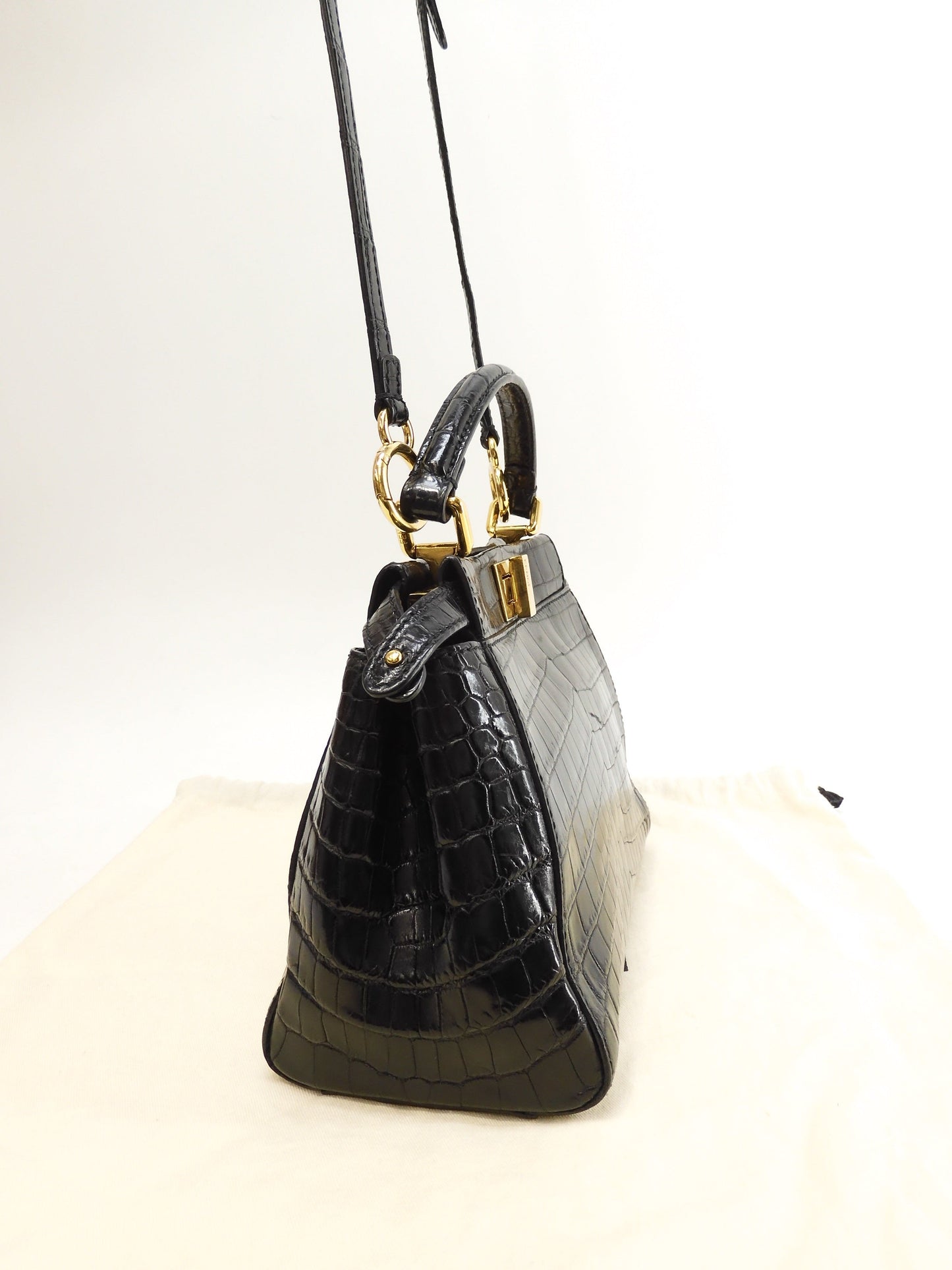 Fendi Mini Peekaboo, coccodrillo nero, borsa a tracolla con cinghia, pochette @ 79