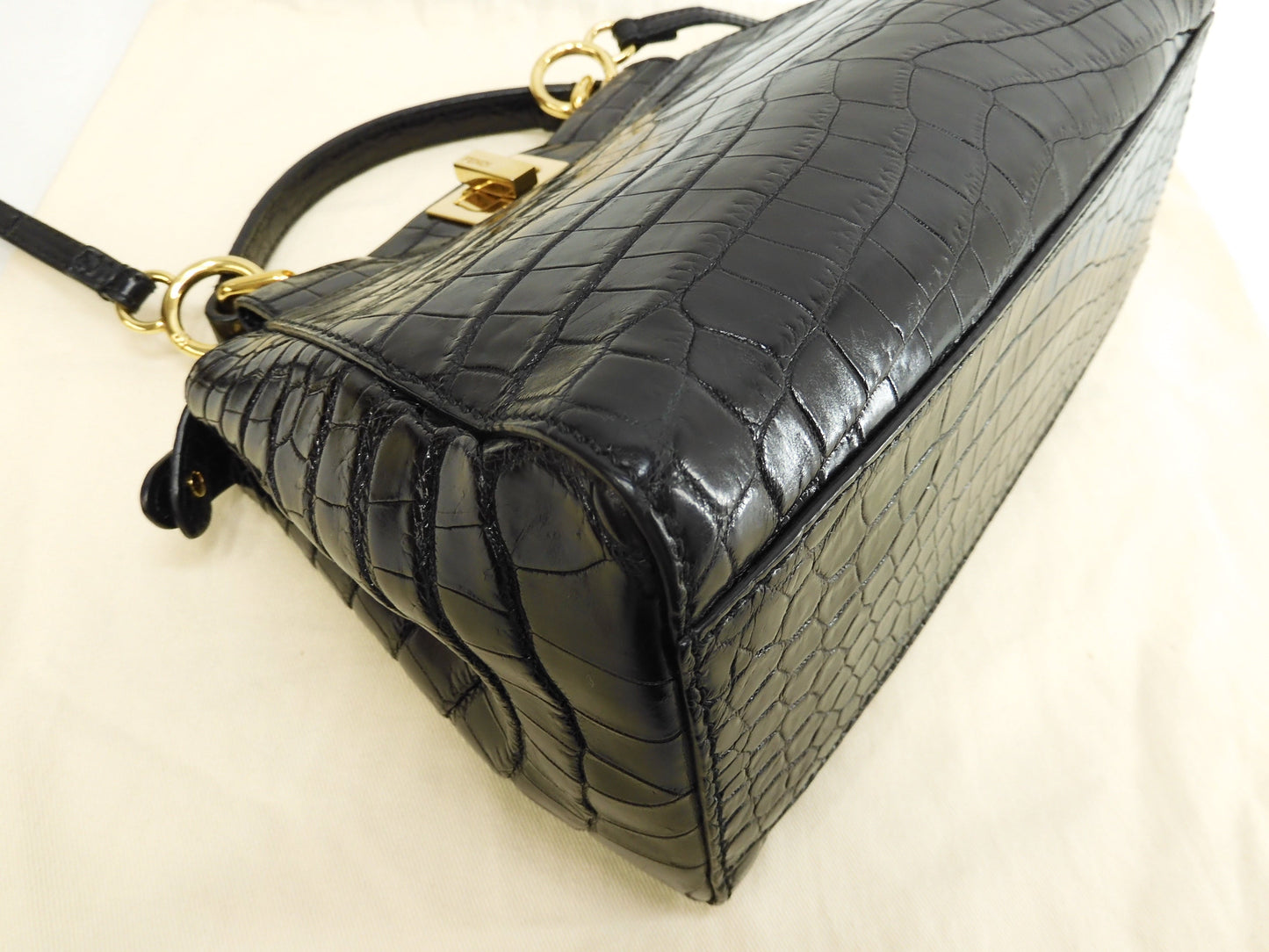 Fendi Mini Peekaboo, coccodrillo nero, borsa a tracolla con cinghia, pochette @ 79