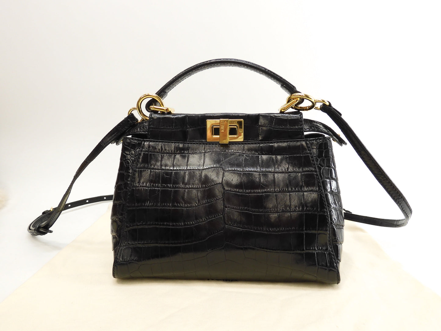 Fendi Mini Peekaboo, coccodrillo nero, borsa a tracolla con cinghia, pochette @ 79