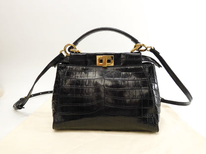Fendi Mini Peekaboo, coccodrillo nero, borsa a tracolla con cinghia, pochette @ 79