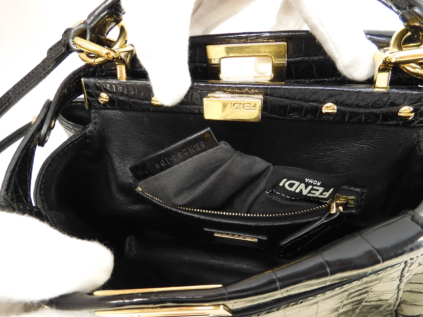 Fendi Mini Peekaboo, coccodrillo nero, borsa a tracolla con cinghia, pochette @ 79